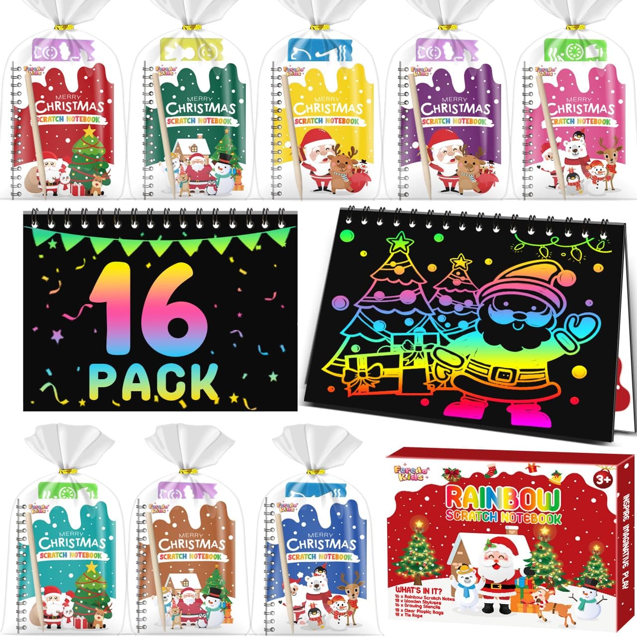 Christmas Party Favors for Kids Bulk: 16 Pack Rainbow Scratch Art Notebooks Party Favours for Girls Boys Birthday Loot Bag Fillers Christmas Stocking Stuffers for Kids Classroom Prizes Gifts Bulk