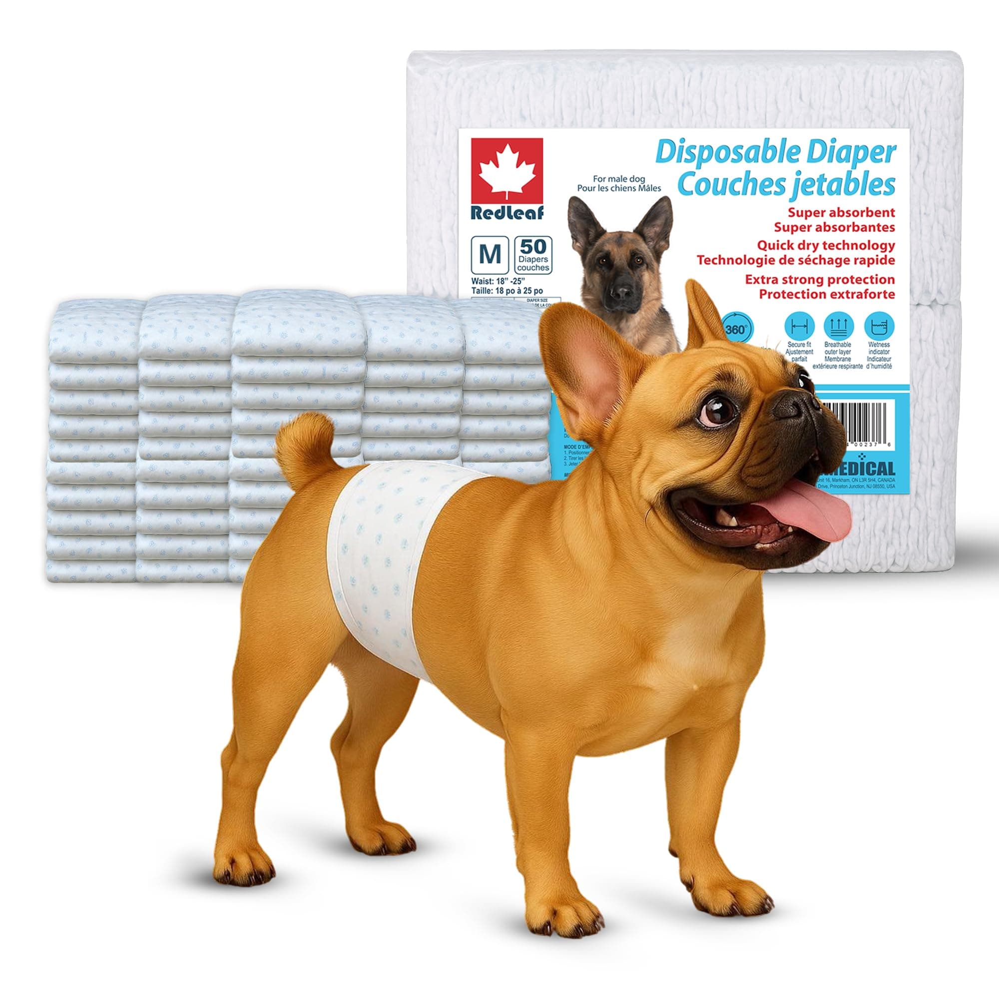 Updated 2026 Elimedical Redleaf Disposable Dog Diapers Male | Medium (50 Count) | Male Dog Diapers for Incontinence, Marking, Potty Training | Wetness Indicator, Breathable, Secure Fit Belly Band