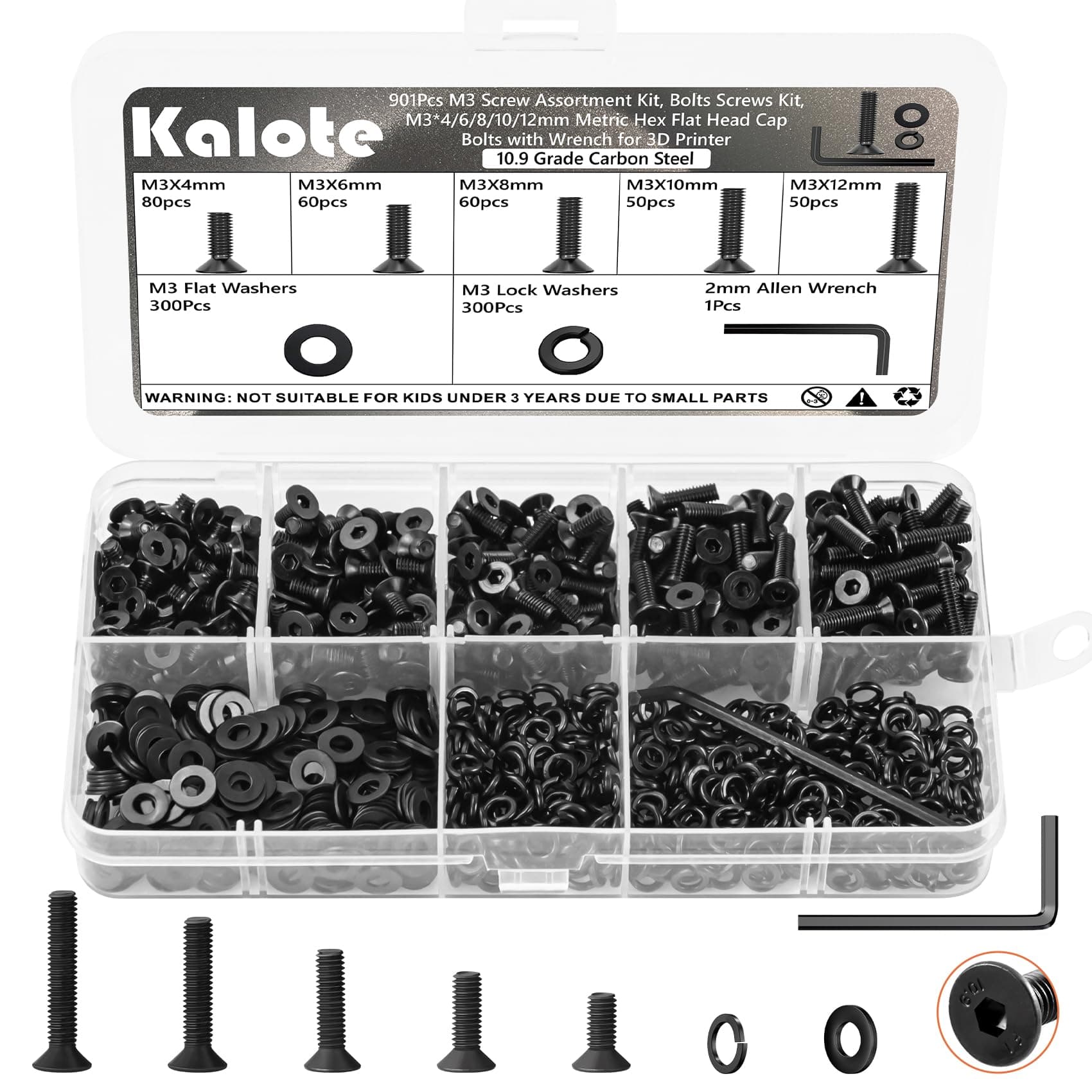 901Pcs M3 Screw Assortment Kit, Bolts Screws Nuts Kit, M3*4/6/8/10/12mm Metric Hex Flat Head Cap Bolts,10.9 Grade Alloy Steel Black Screws with Wrench for 3D Printer Car, Furniture & DIY,Black Oxide