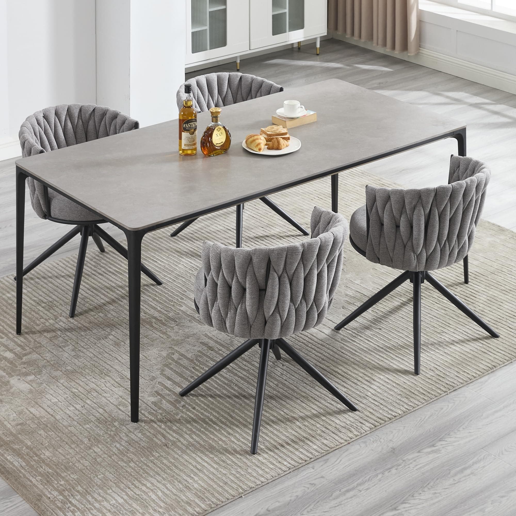 BFZ Swivel Dining Chairs Set of 4, Fabric Woven Curved Backrest, Grey