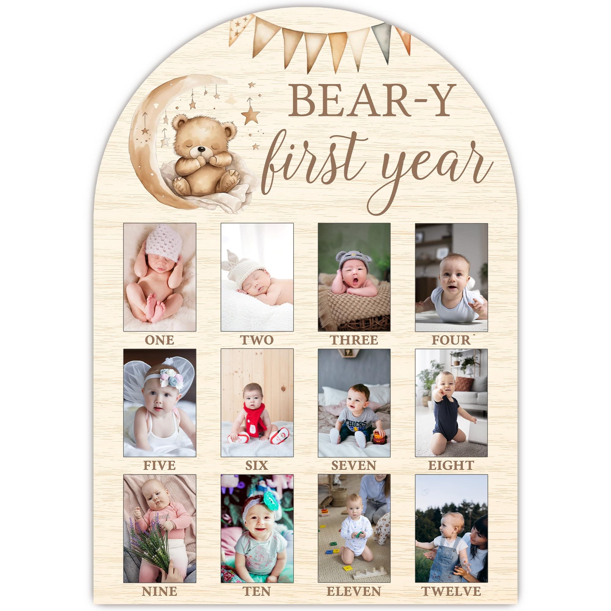 My First Year Milestone Photo Board, Bear Baby Milestone Signs, 12 Months Wooden Picture Frame, Nursery Gender Neutral Gifts for Girl Boy, Best Gifts for 1st Birthday Baby Shower Decorations-A06