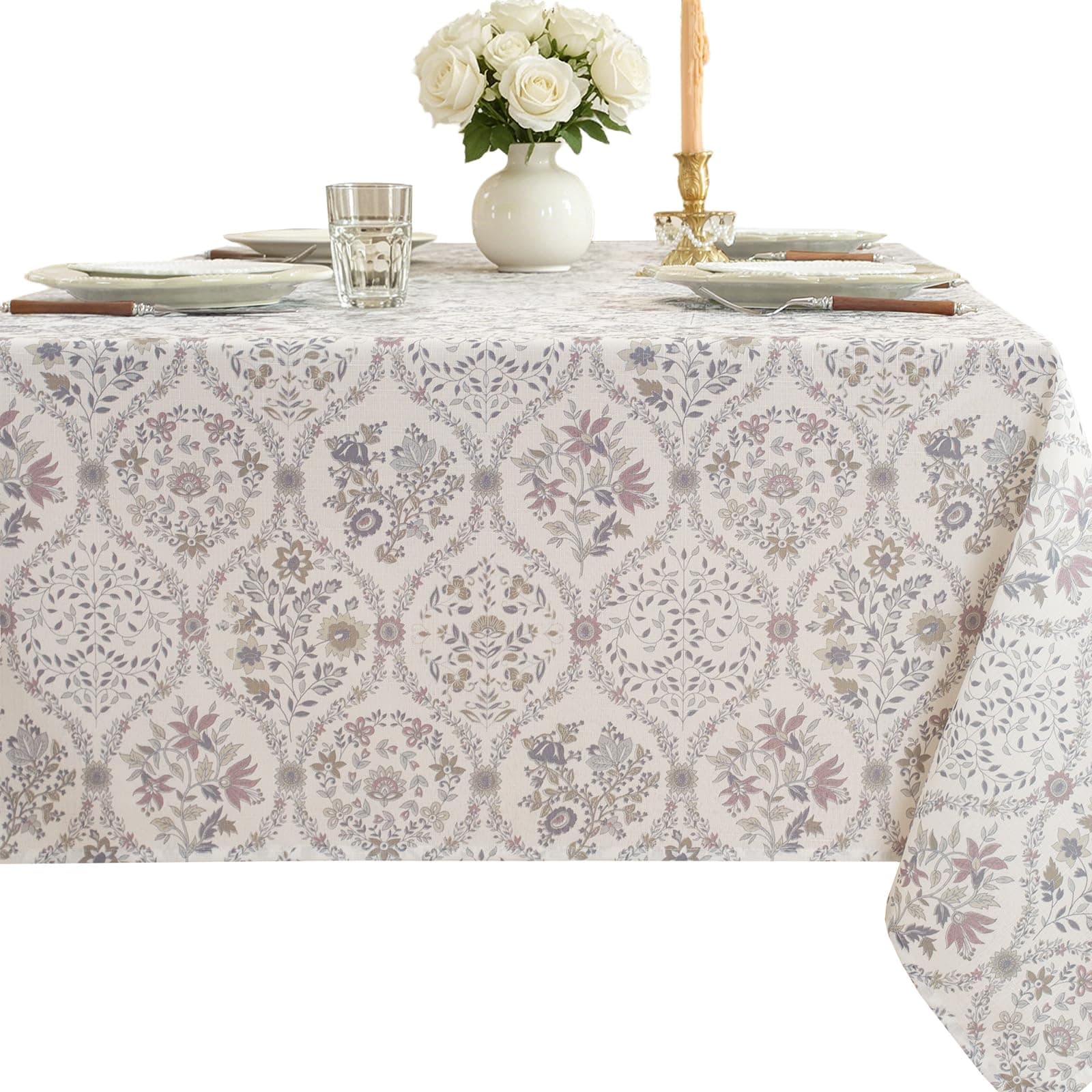 Honellaty Floral Tablecloth Rectangle 60x120, Texture Polyester Table Cloth White, Wrinkle & Stain Resistant Table Cover for Dining Room, Party, Picnic & Outdoor