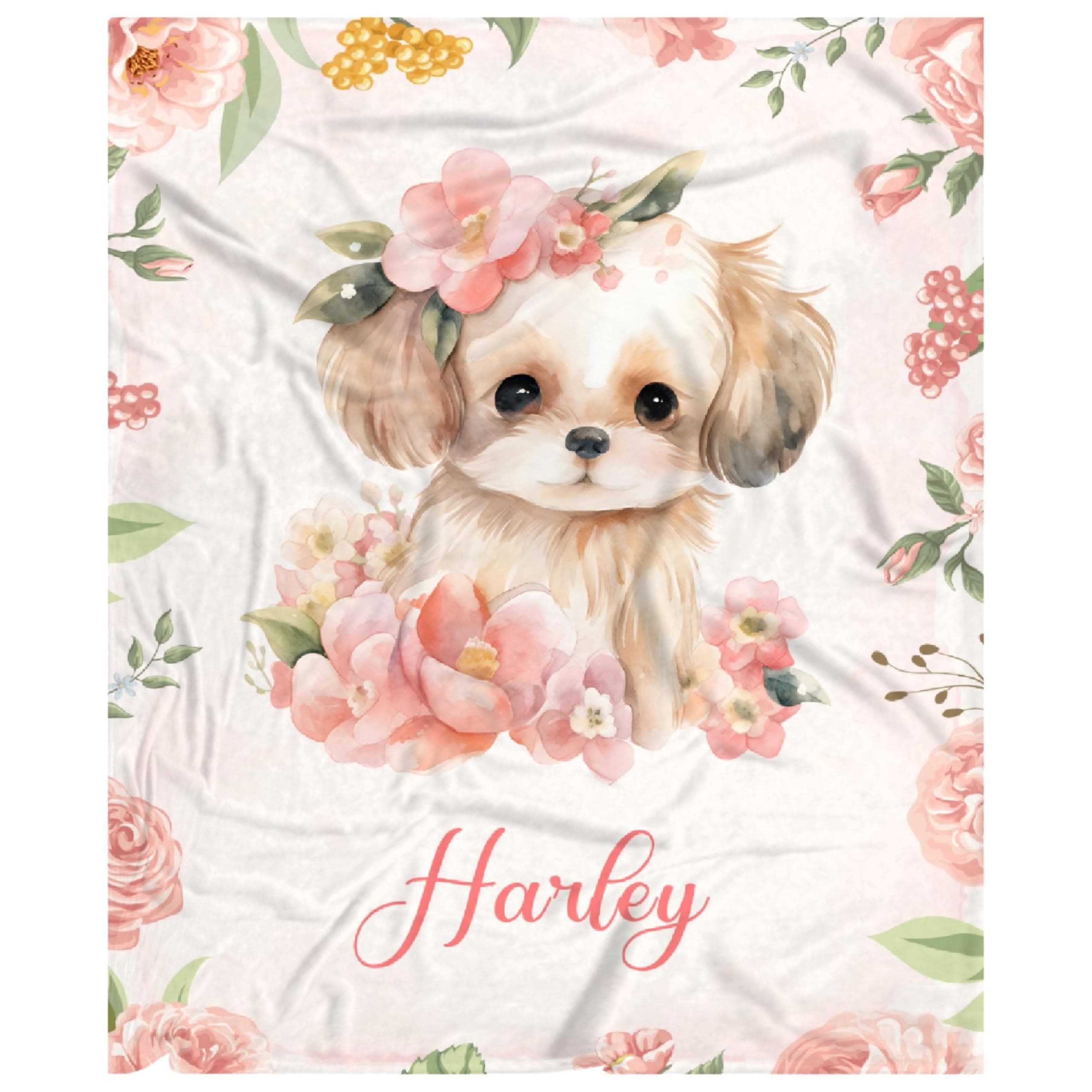 Personalized Baby Blanket for Girls Toddlers Infant Newborn Boys- Custom Floral Dog Gifts with Name Text - 40 x 30 Inch Super Soft Plush Flannel Throw Sheets Decor for Baby Shower Crib Nap Birthday