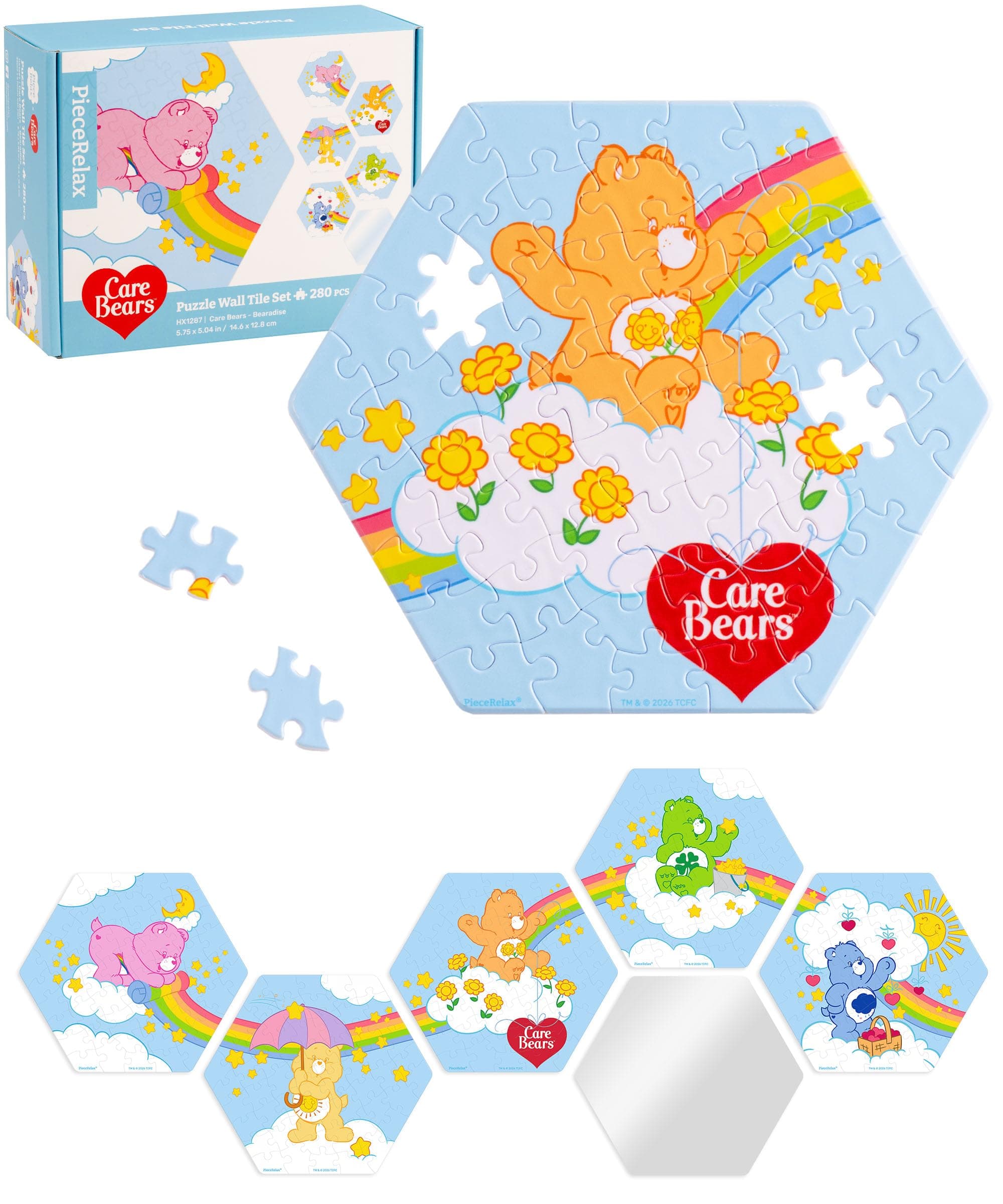 Care Bears™ by PieceRelax 5-Pack Hexagon Wall Tile Puzzle Set 56 Plastic Pieces with Mirror - Bearadise - Unique Gift & Home Décor with Restickable Strips No Glue Needed [HX1287]