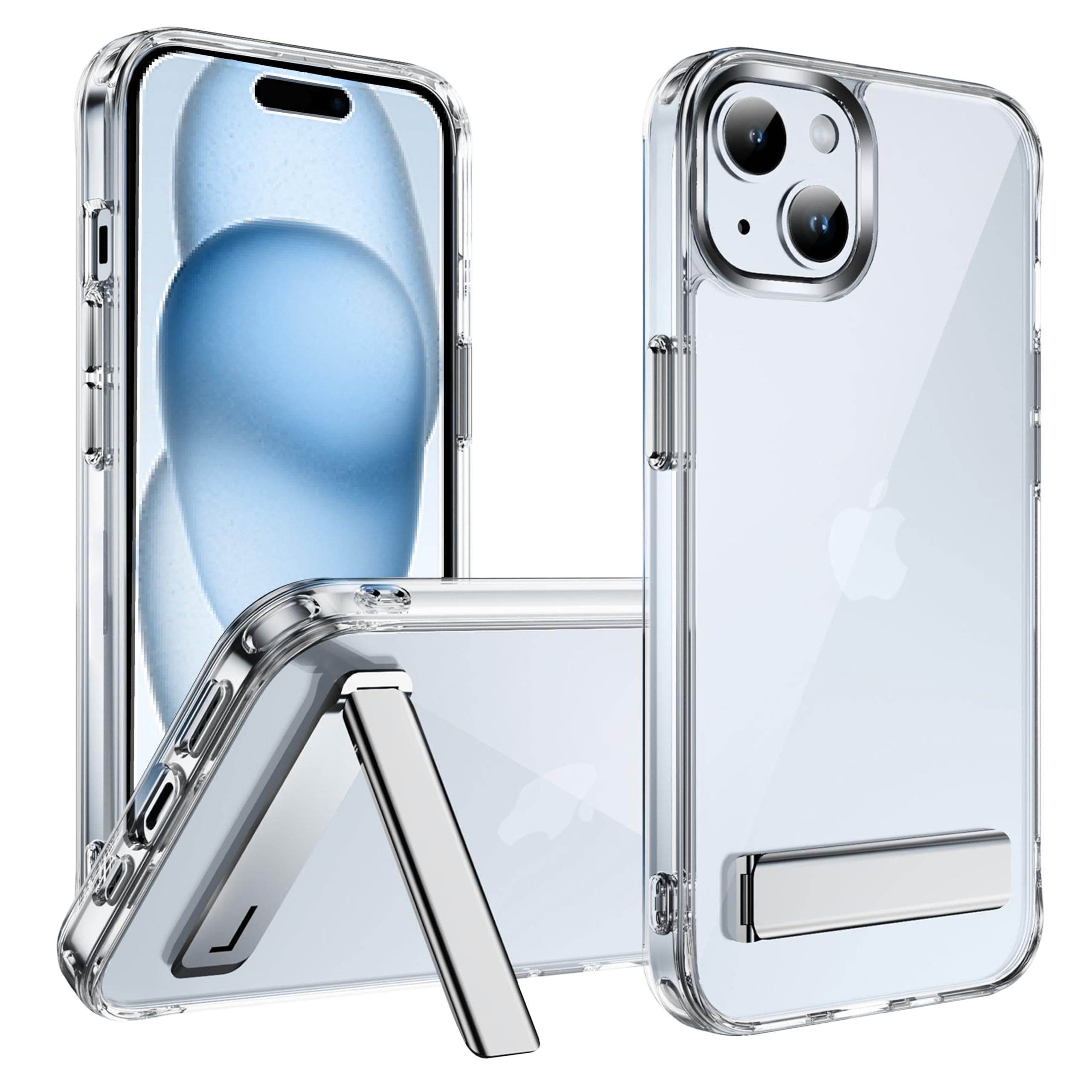 CEDO Kickstand Case for 15 Plus, 3-Way Mode Built-in Metal Stand Phone Case, Mil-Grade Shockproof Bumper, Transparent Acrylic & Slim Fit, Designed for 15 Plus, Crystal Clear