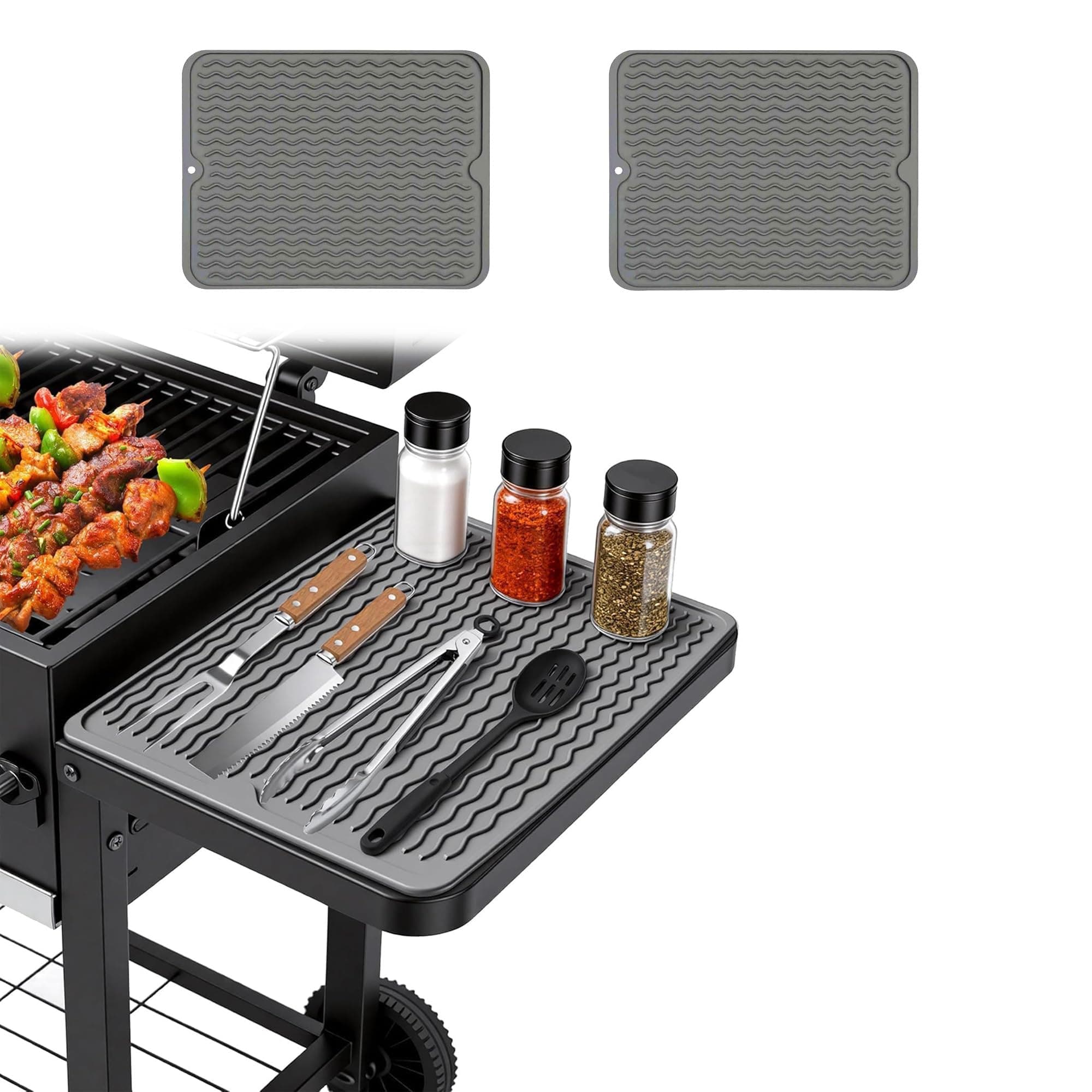 Silicone Grill Tools Mat for Blackstone Weber Traeger Pit Boss Flat Top Grill Smoker,BBQ Accessories Pad Mats for Outdoor Kitchen Counter Cooking, Side Shelf Spatula Mat,Gifts for Men (Grey-2 Pack)