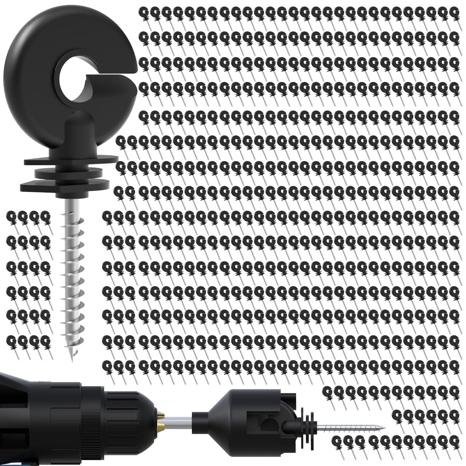 NQN 500 Pcs Black Electric Fence Insulator Screw-in Insulator Fence Ring Post Wood Post Insulator and 2 Pc Free Insulator Socket Tool (Grid System Accessories for Animal Husbandry Electronic)