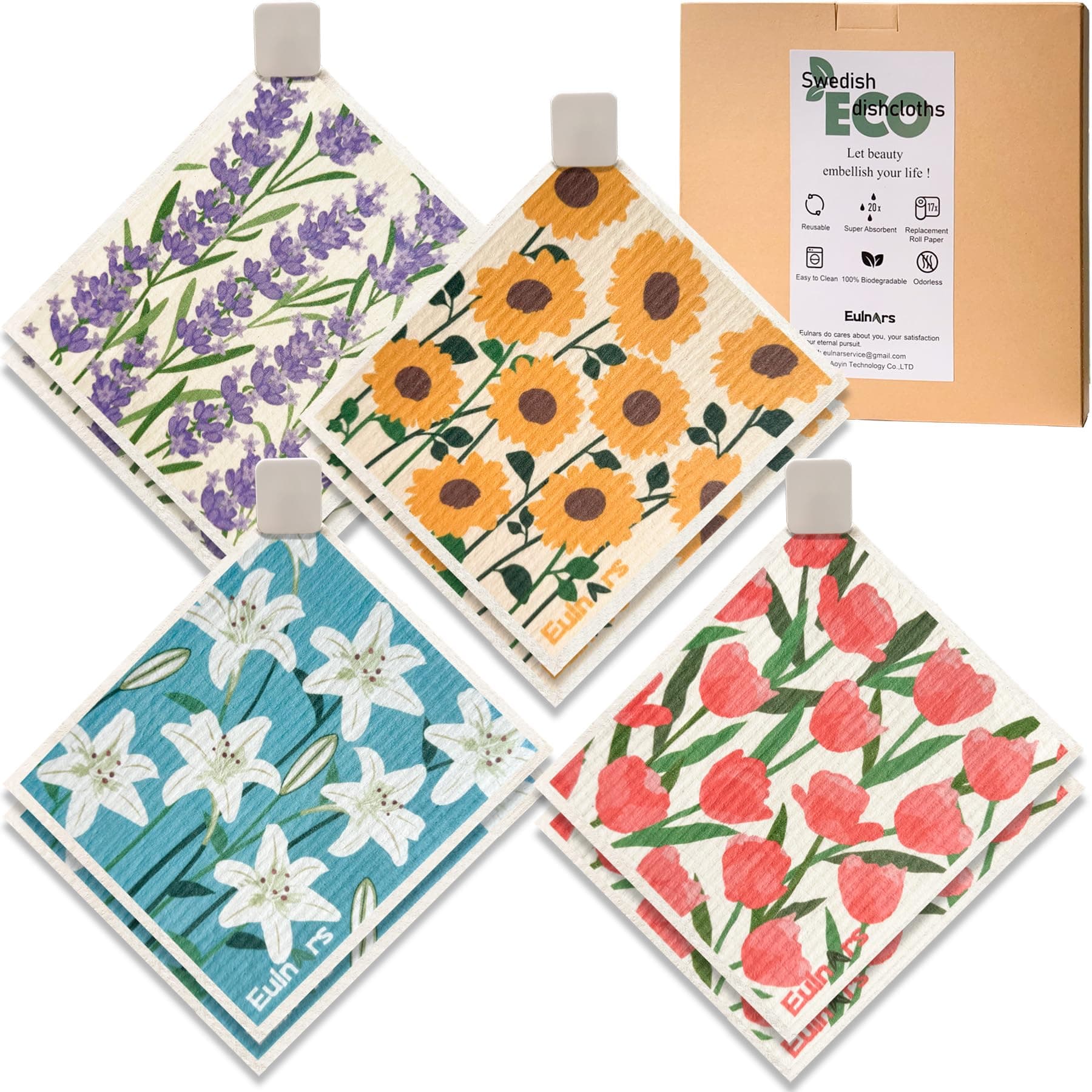 Eulnars 8 Pack Swedish Dish Cloth, Reusable Paper Towels, Swedish Dish Cloth with 3 Clips, 9 Classified Labels, Quick Drying Washable Dish Cloths, Super Absorbent Kitchen Towels, Odorless