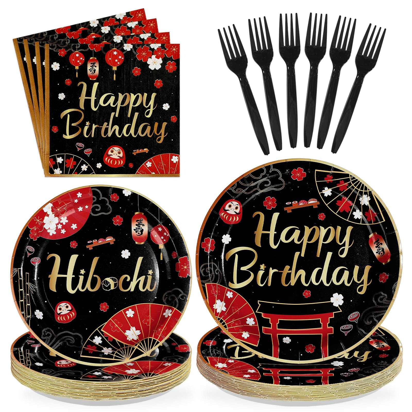 96Pcs Hibachi Birthday Decorations Black Red Japanese Cherry Plates and Napkins Japanese Hibachi Birthday Decorations Favors for Asian Japan Theme Vintage Baby Shower Party Supplies Serves 24