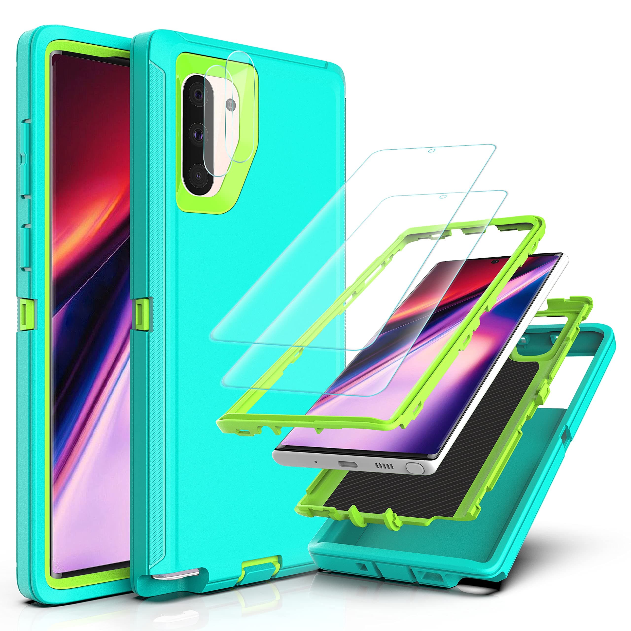 Note 10 Case with Self Healing Flexible TPU Film[2 Pack] and Camera Lens Screen Protector Film[2 Pack],YmhxcY Heavy Protection Cover for Samsung Galaxy Note 10-Aqua Blue and Lime Green