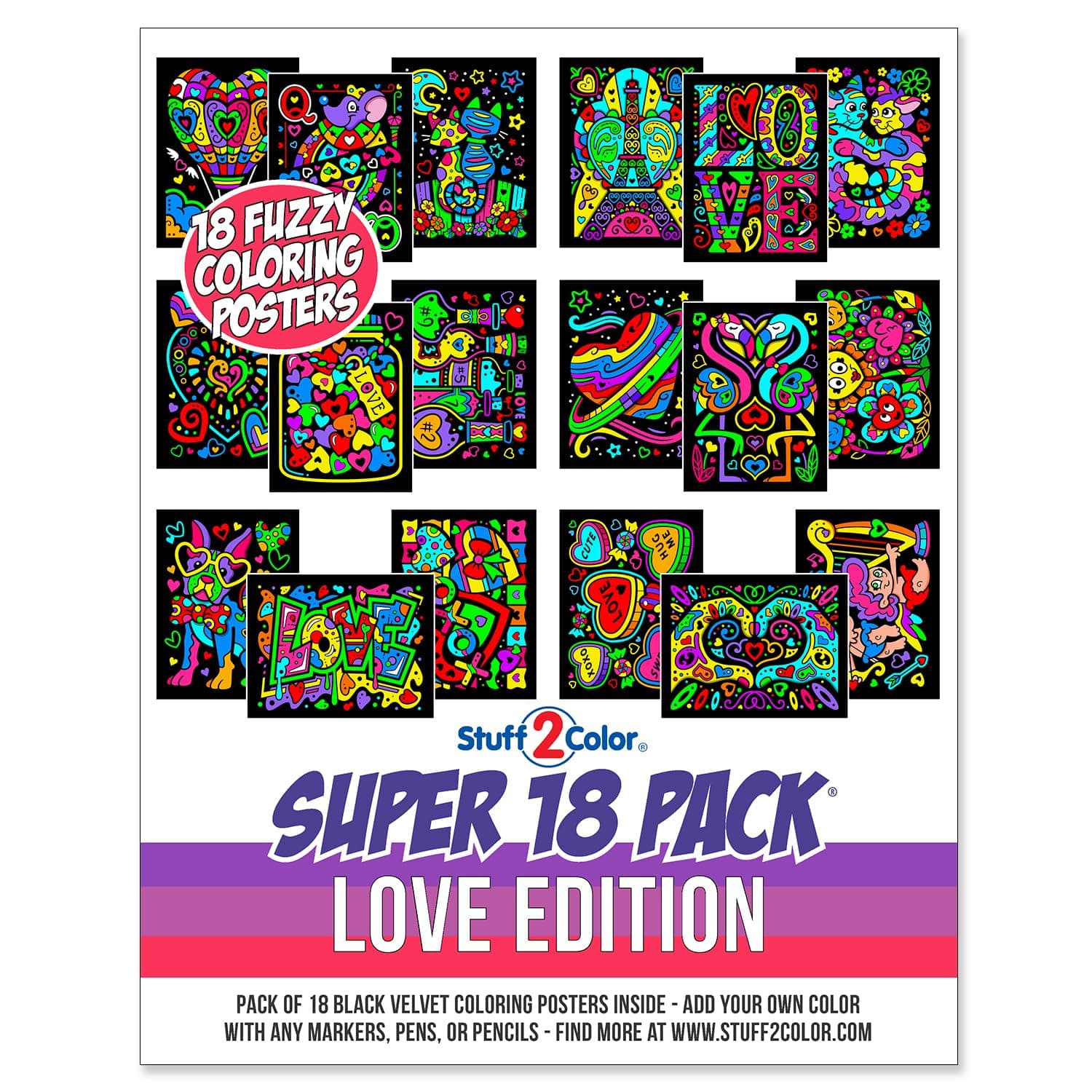 Super Pack of 18 Fuzzy Velvet Coloring Posters (Love Edition) - Great for Valentine's Day Arts and Crafts, Travel Activity for Kiddos, Rehab, Therapy, Quiet Time, Parties [All Ages: Girls, Toddlers, Teens]
