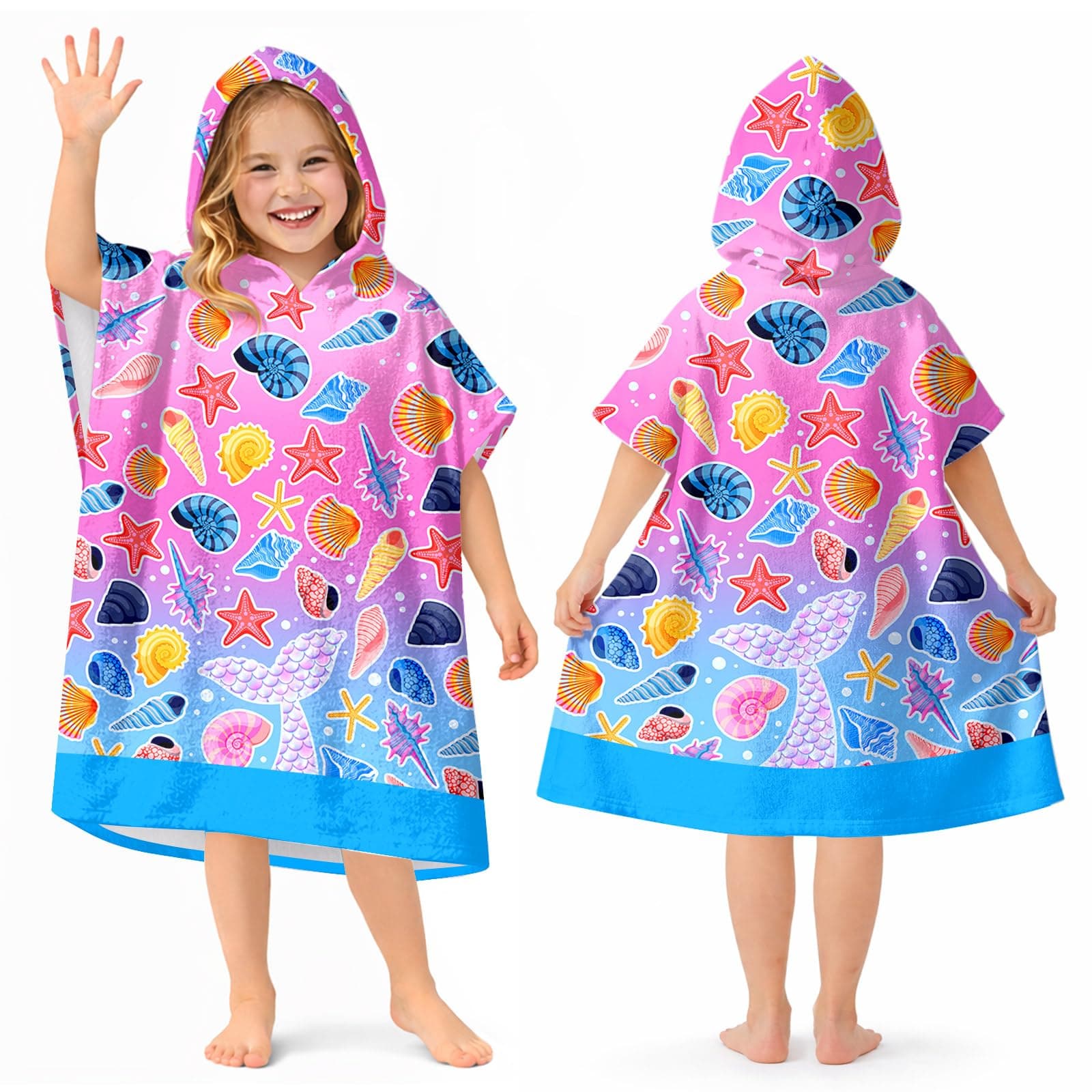 Kids Hooded Beach Towels Wrap for 4-12 Years,Cute Mermaid Tail Theme Girls Swim Cover Up for Bathroom，27"x33" Quick Dry Blue Pink Bath Towel Poncho,Perfect for Travel Vacation,Pool Party,Swimming