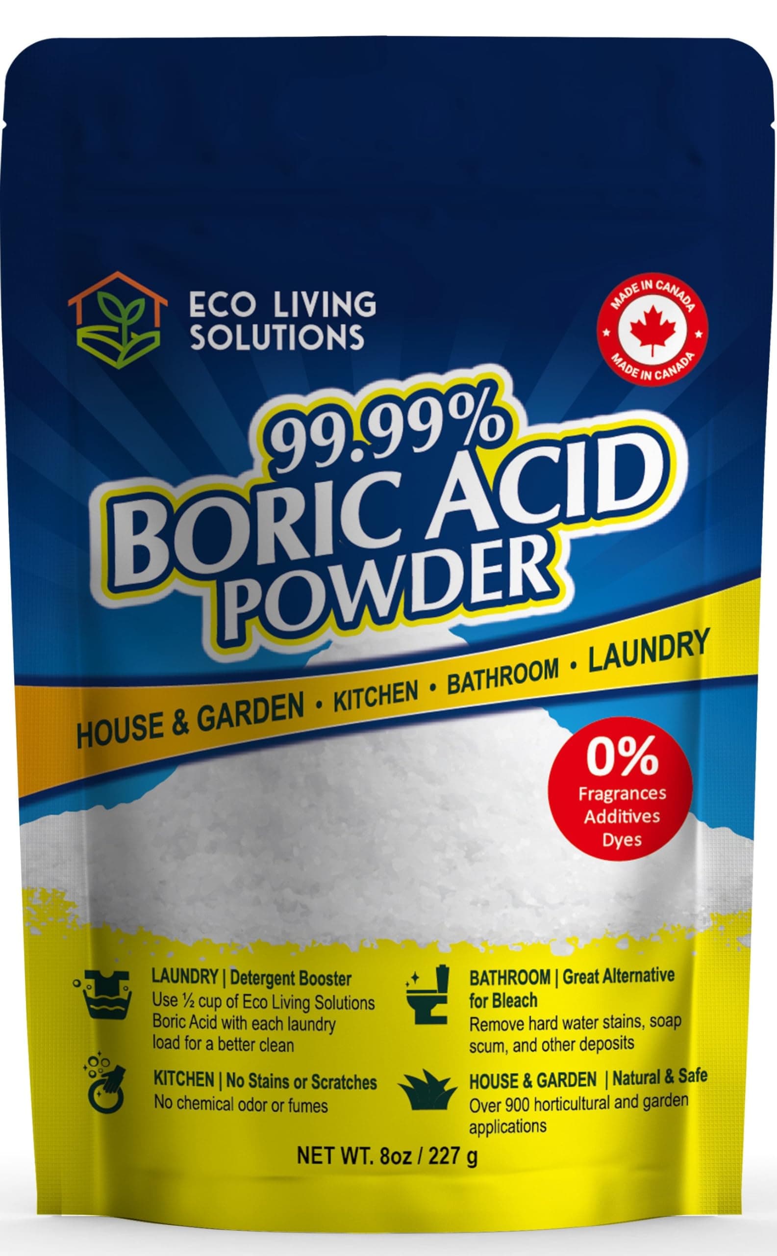 Eco Living Solutions - 99.99% Boric Acid Powder | Horticultural Garden Application | Multipurpose Cleaner | Laundry Additive | Bathroom Cleaner | Commercial Strength | Lab Grade - 1/2 Lb (8 Oz)