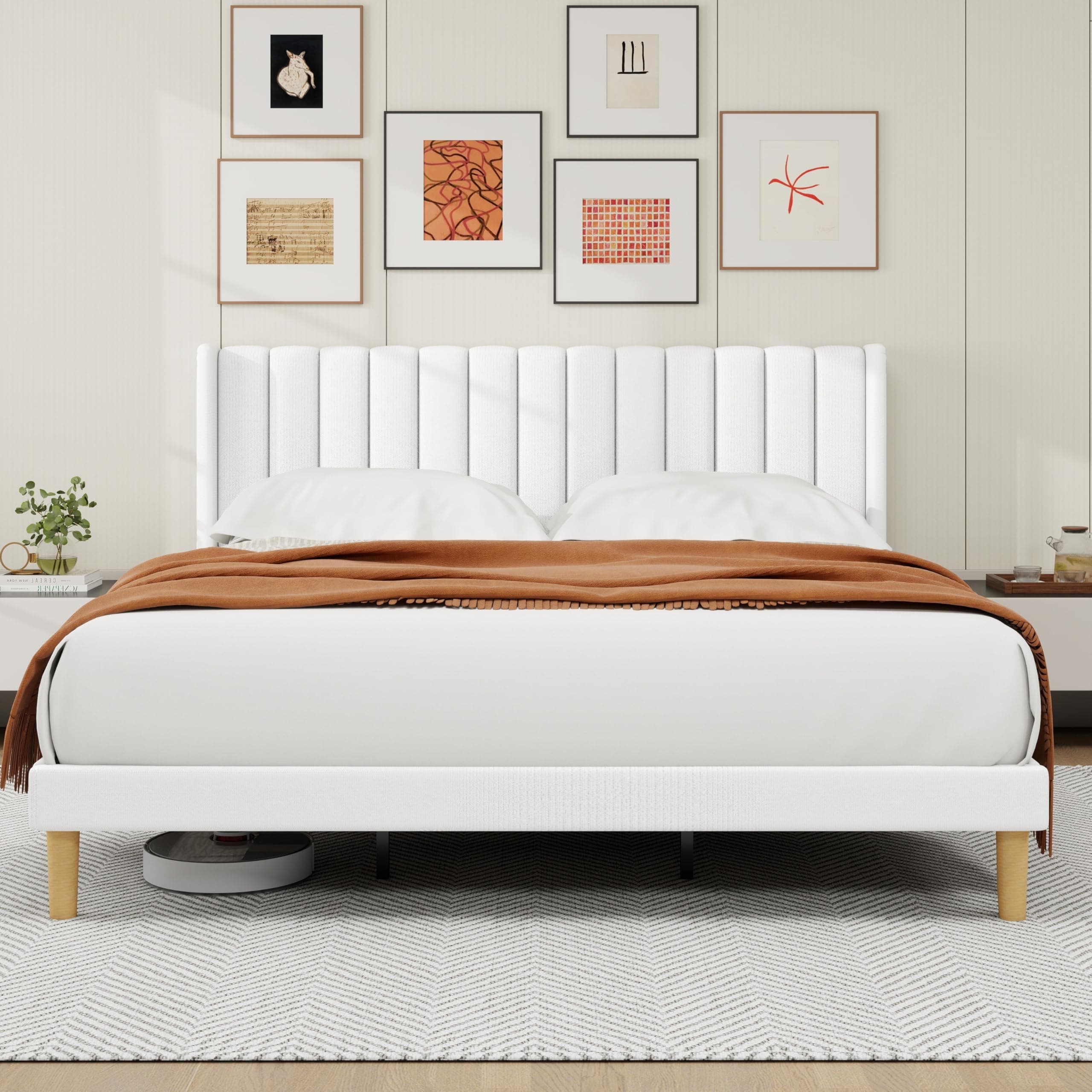 alazyhome King Bed Frame with Linen Upholstered Headboard, White