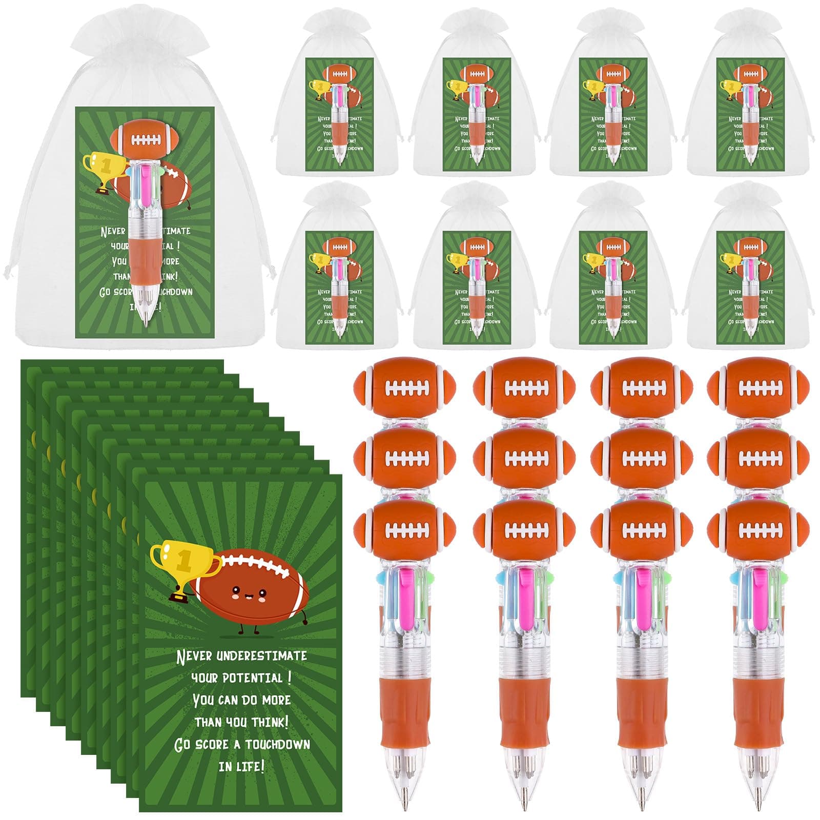 36 Sets Football Party Favors Football Pens 4-in-1 0.5mm Multicolor Ballpoint Pens with Inspirational Cards Funny Ballpoint Pen Sport Gifts for Team Sport Lover Coworkers Staff Novelty Office Supplies