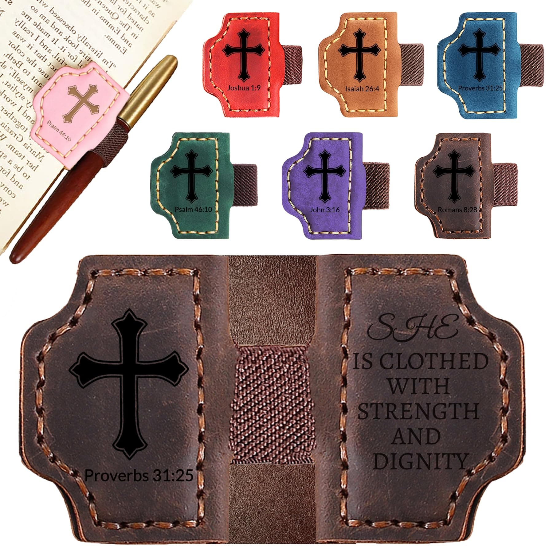 Personalized Leather Bookmark with Pen Holder - Magnetic Bible Verse Design, Christian Book Lovers Reading Accessory, for Book Lovers Men Women (Coffee, Proverbs 31:25)