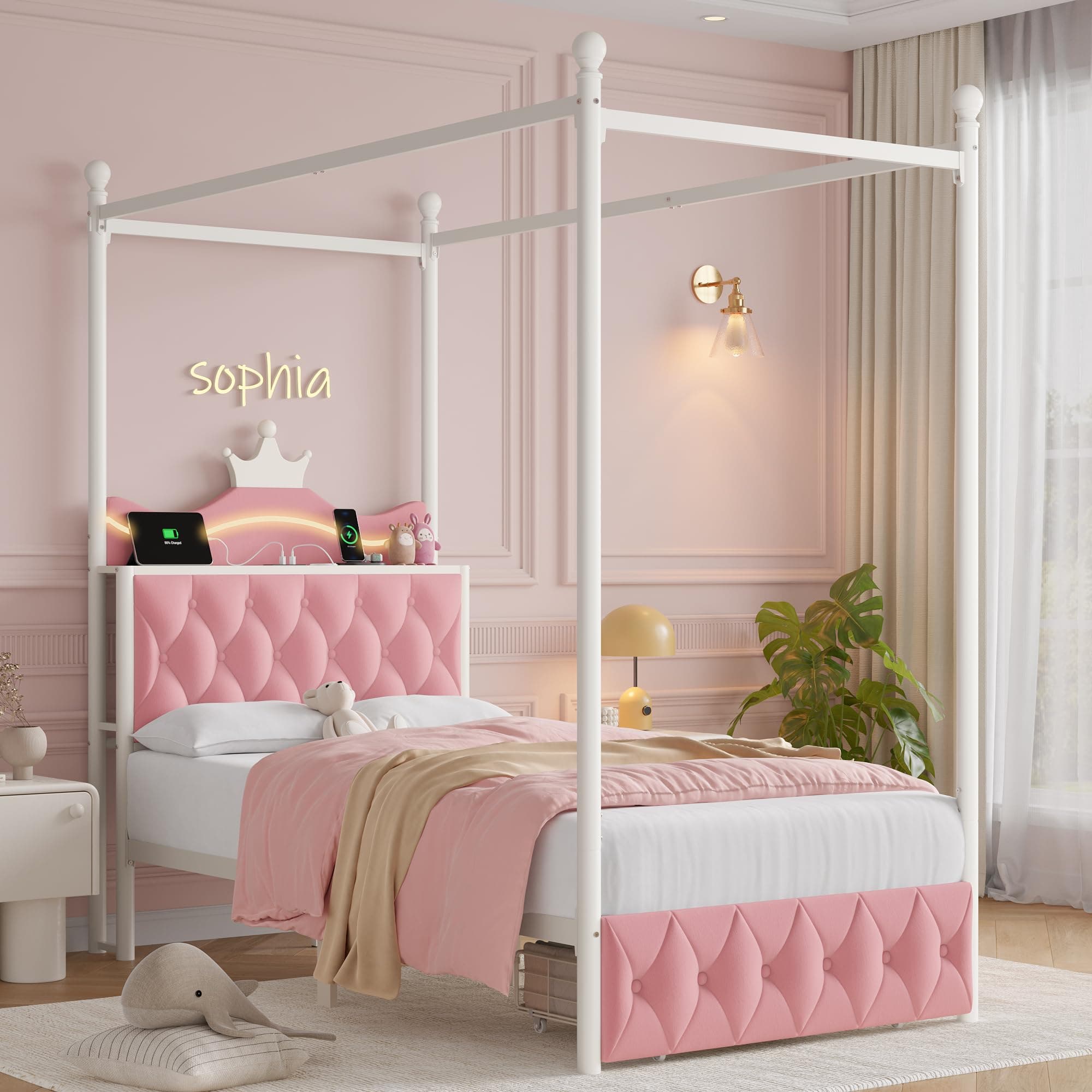 Keyluv Twin Size Upholstered LED Canopy Bed Frame with Charging Station and Drawer, Button Tufted Crown Headboard with Storage Shelf, Two-Purpose Removable Four Poster Design Platform Bed, Pink