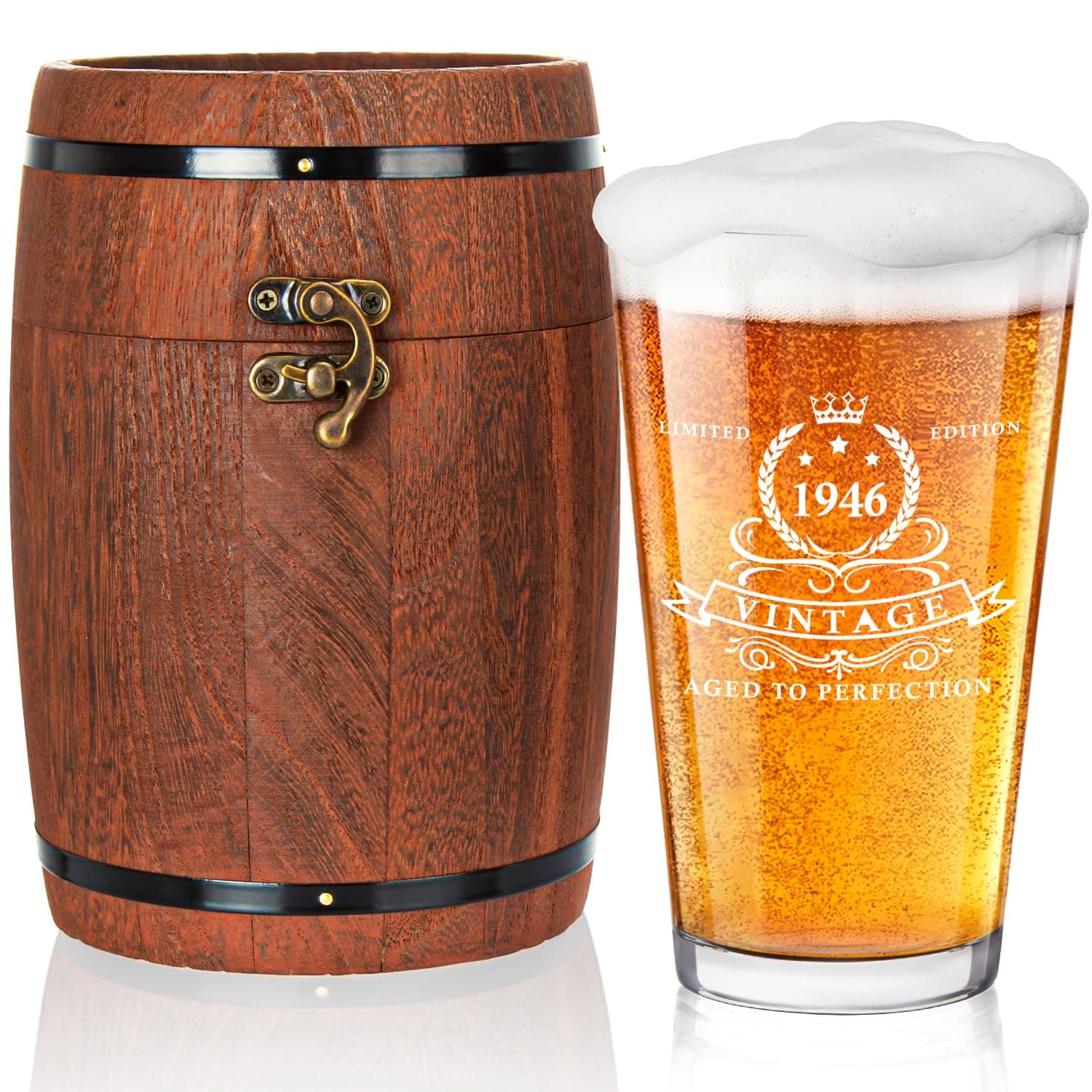 LIGHTEN LIFE 80th Birthday Gifts for Men 16oz,1946 Beer Glass in Barrel Box,80th Birthday Gift Ideas,1946 Pint Glass for 80 Years Old Dad,Husband