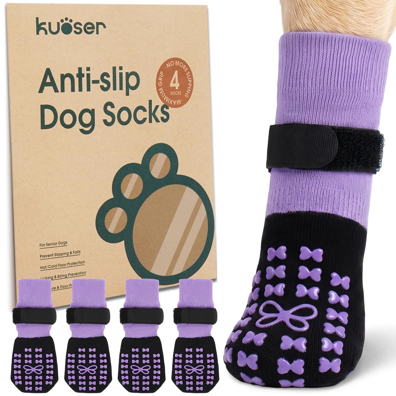 Kuoser Non Slip Dog Socks for Hardwood Floors, Dog Grippy Socks with Double-Sided Traction, Anti Slip Dogs Booties Paw Protectors to Prevent Licking Paws for Small Medium Large Senior Dogs, 4 Pack-L
