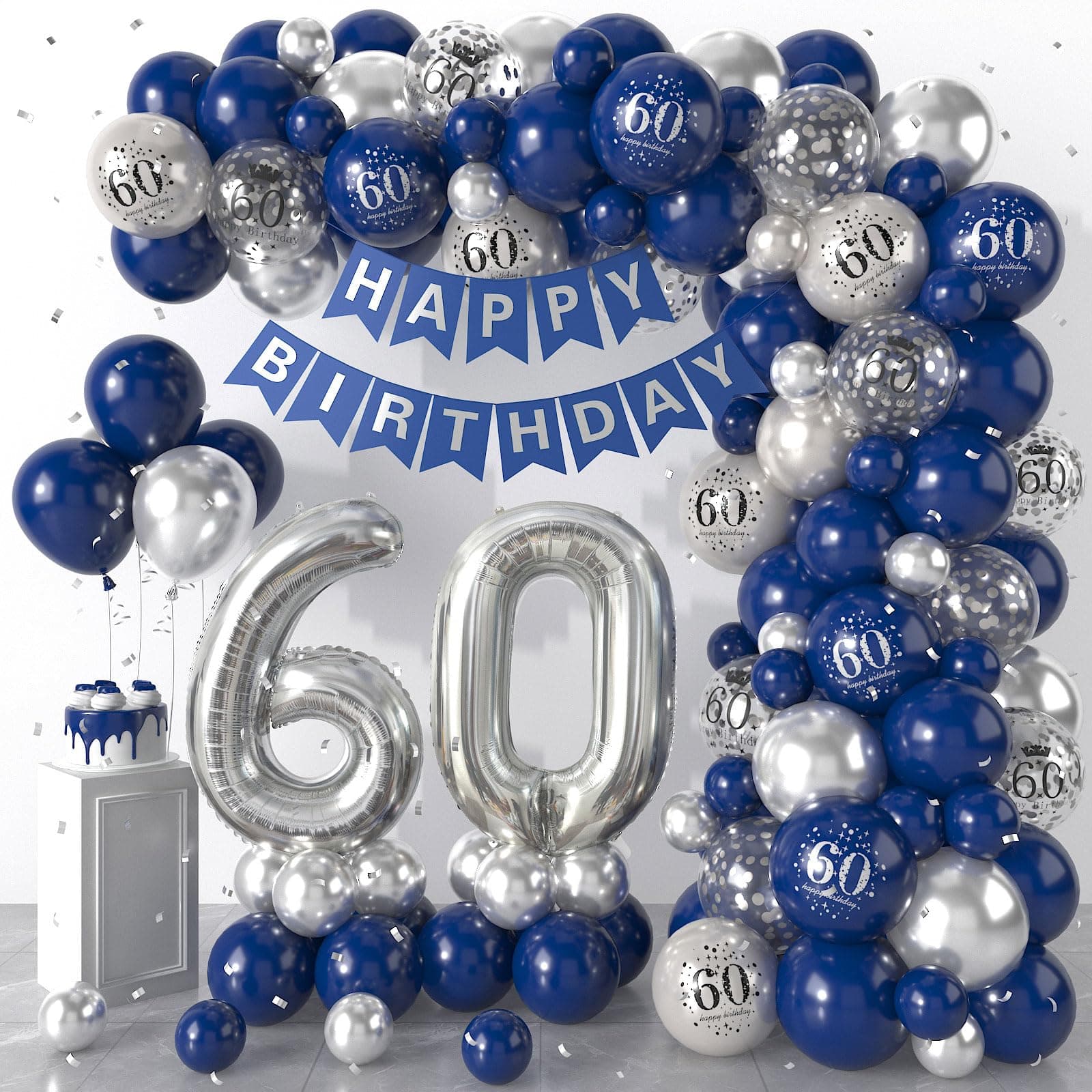 60th Birthday Decorations Navy Blue Silver,60th Birthday Balloon Garland Party Decorations with Number 60 foil balloons,Happy Birthday Banner for Men Women 60th Birthday Party Decorations