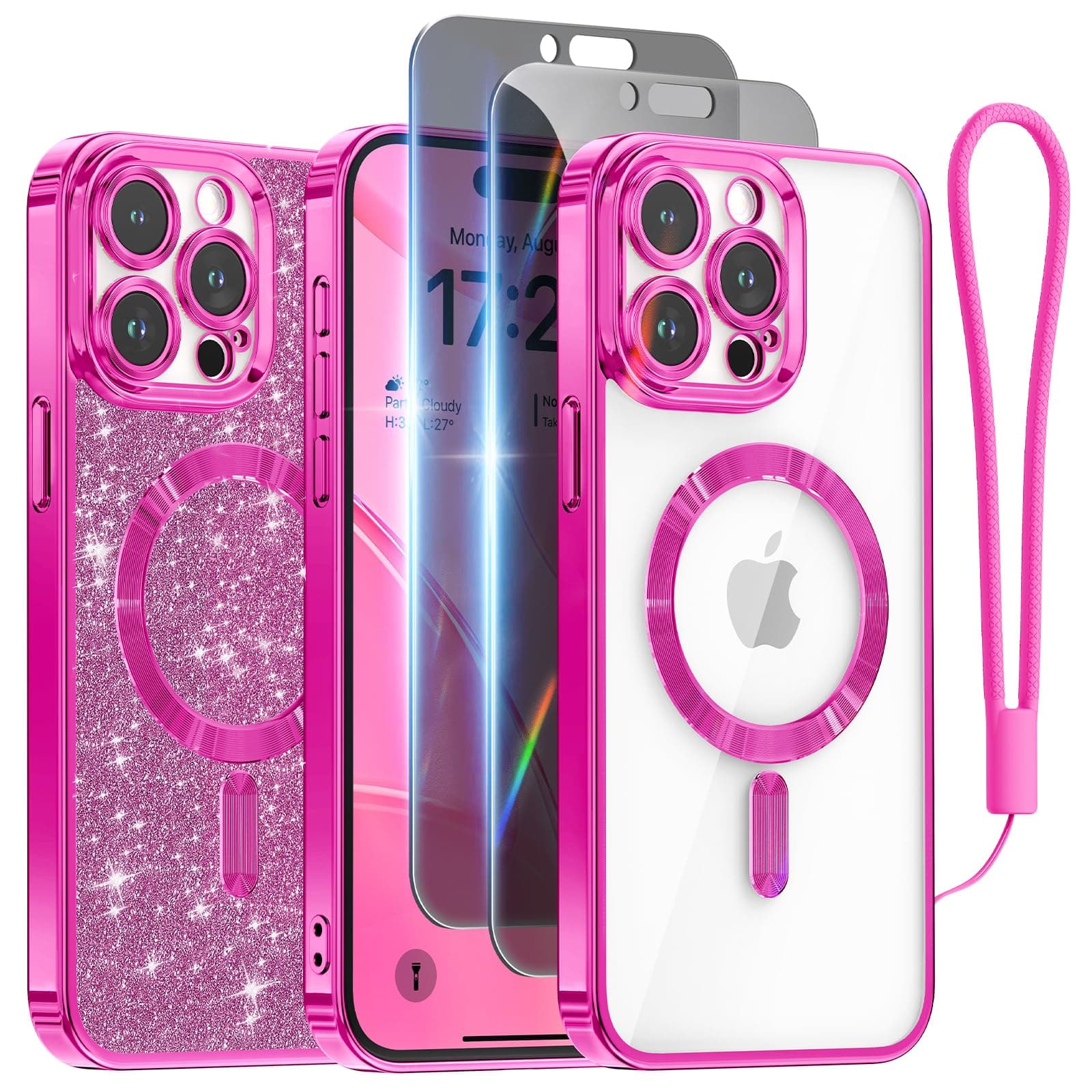 Meifigno Designed for iPhone 15 Pro Case with 2X Privacy Screen Protectors, [Glitter Card & Wrist Strap][Compatible with MagSafe] Surround Lens Protection for 15 Pro Case 6.1", Hot Pink