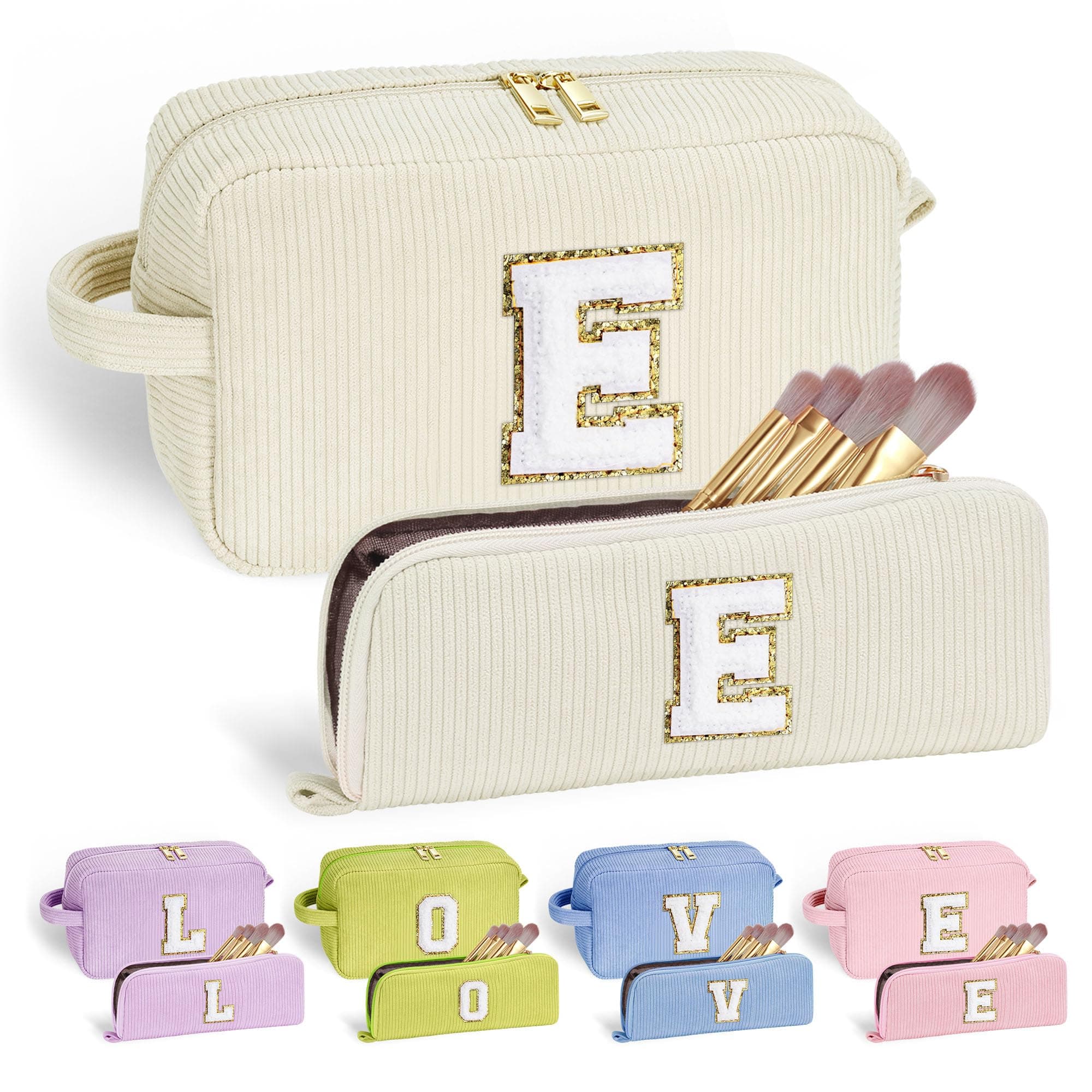 YOOLIFE Initial Travel Makeup Bag Cosmetic Bag - Teen Girl Gifts Trendy Stuff Friend Birthday Gifts for Women Teen Girl Kids, Off White, 9.8 "x 4.7" x 5.9 ", E
