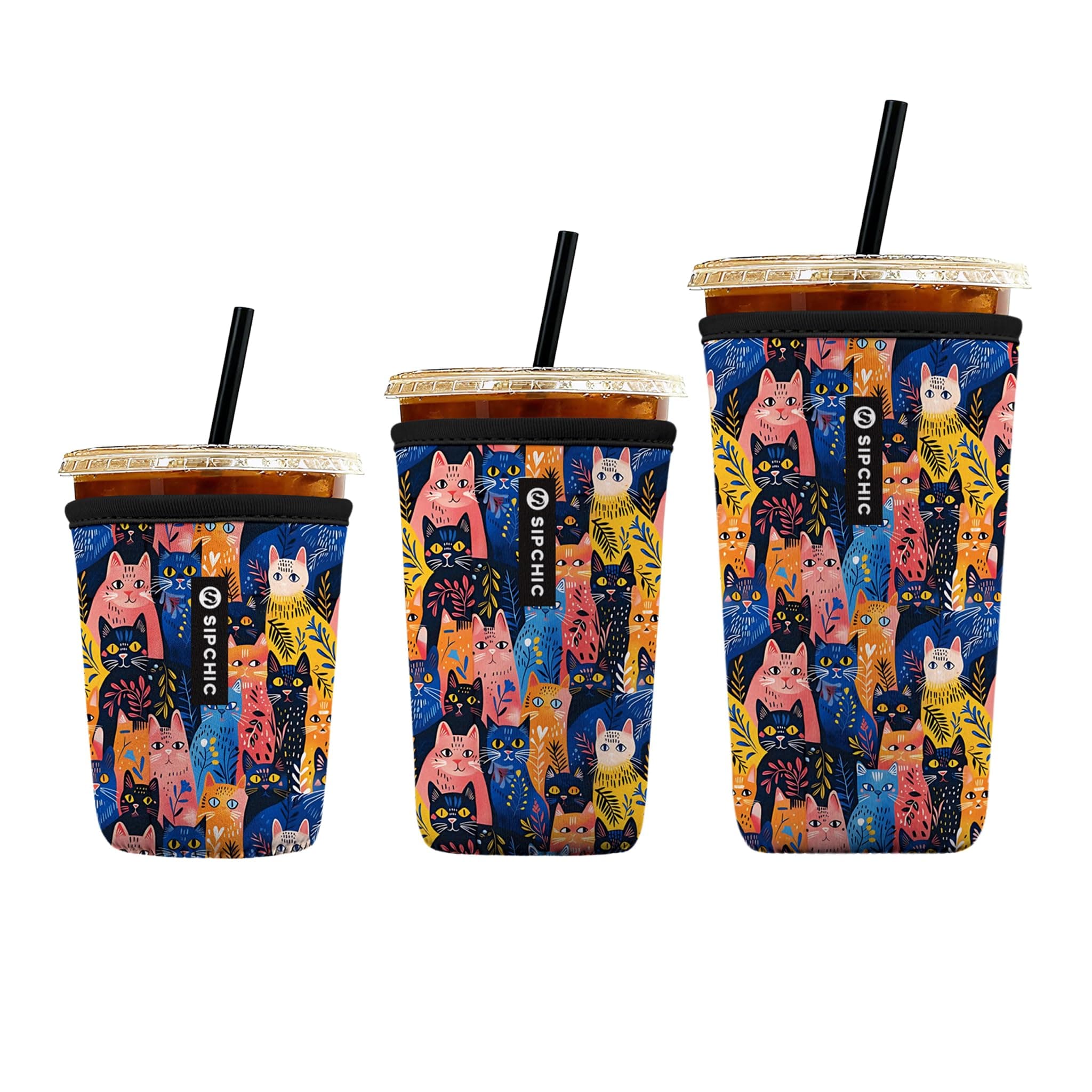 SIPCHIC Iced Coffee Sleeve – Neoprene Reusable Cup Sleeves for Drinks, Insulated Drink Sleeves to Keep Hands Dry & Drinks Cold, Stylish & Durable Coffee Sleeves (Meow Jungle, S/M/L 3-Pack)