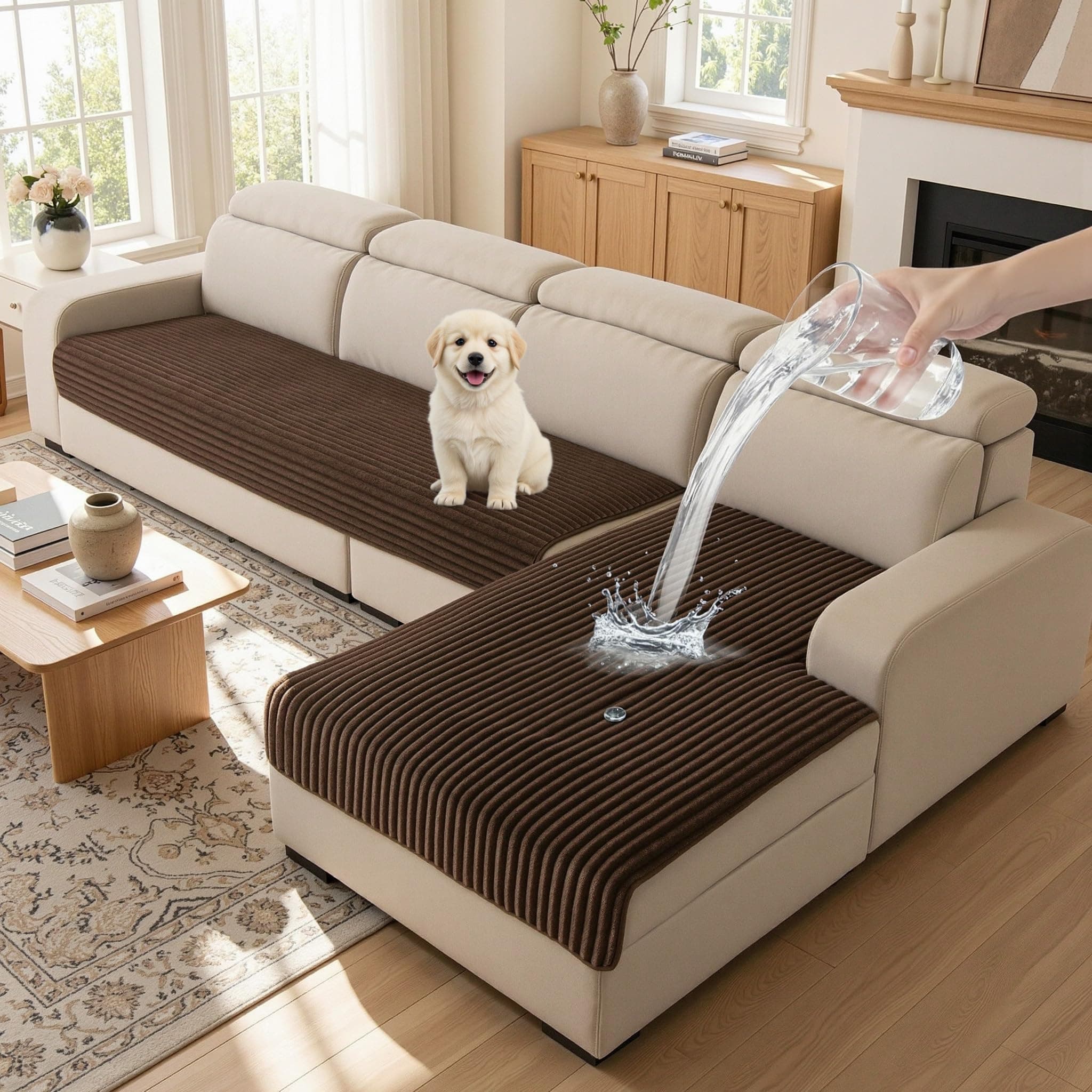 MYSKY HOME 100% Waterproof Couch Cover for Sectional Sofa, Couch Covers for Dogs, Non Slip 2 PCS Pet Friendly Sofa Slipcover, L Shaped Sofa Covers for 3 Cushion Couch, Chocolate, 35"x70.9"+35"x70.9"