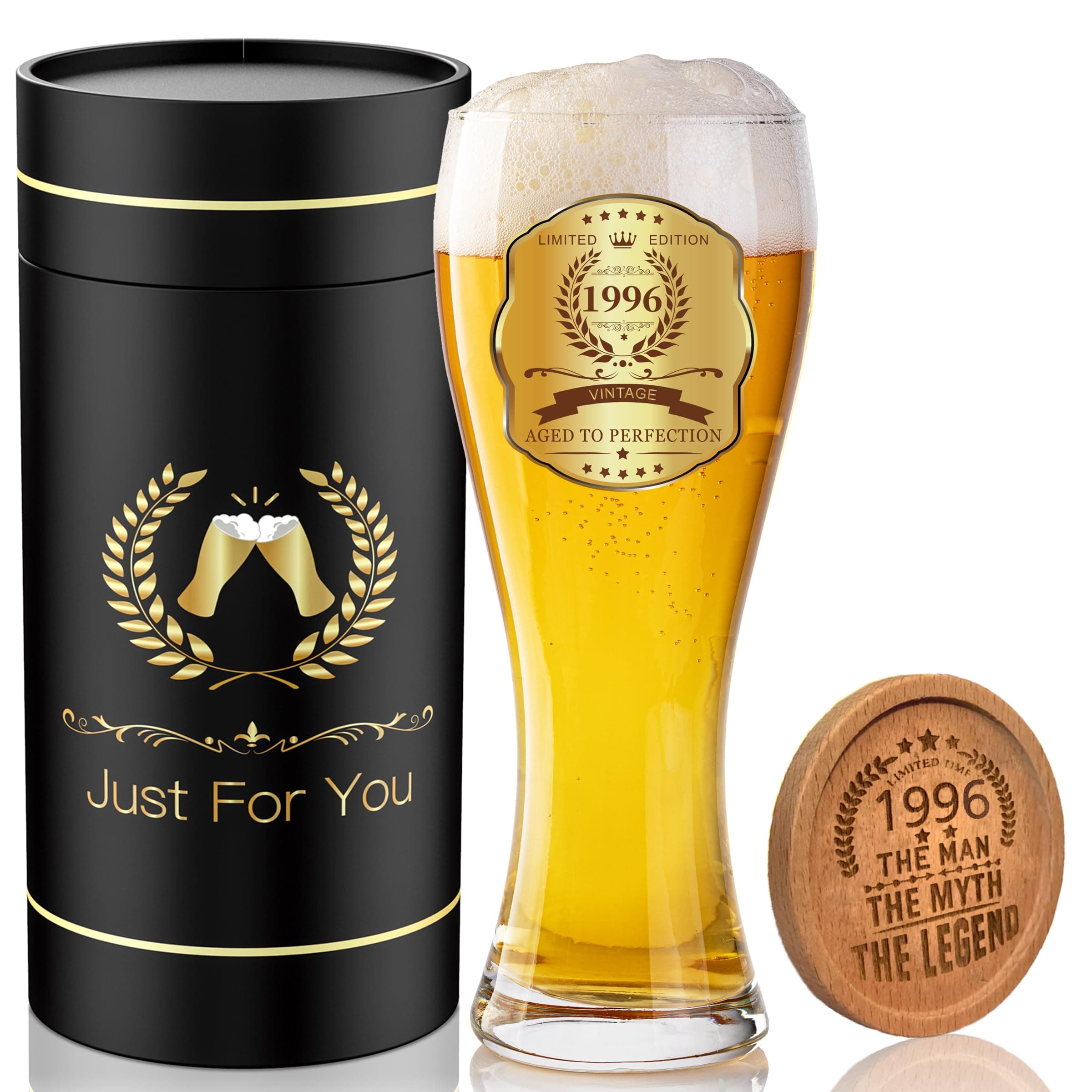 GALOFAY 30th Birthday Gifts Beer Glasses, Personalized '1995' Vintage Glass Ware Set for Men, Black Gift Package with Drinking Glass, Coaster, and Card for 30 Years Old Man