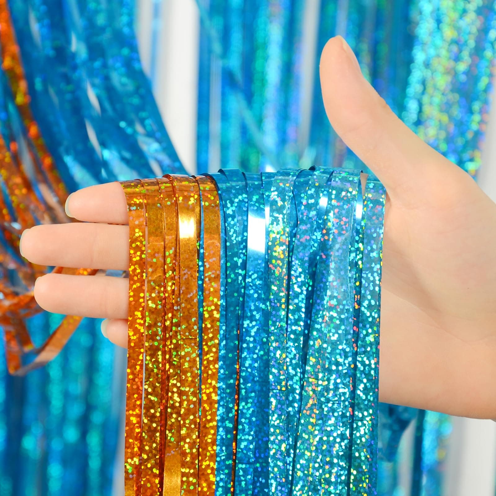 Blue and Orange Fringe Curtain Backdrop 3 Pack, 3.2 x 8.2 FT Decorations