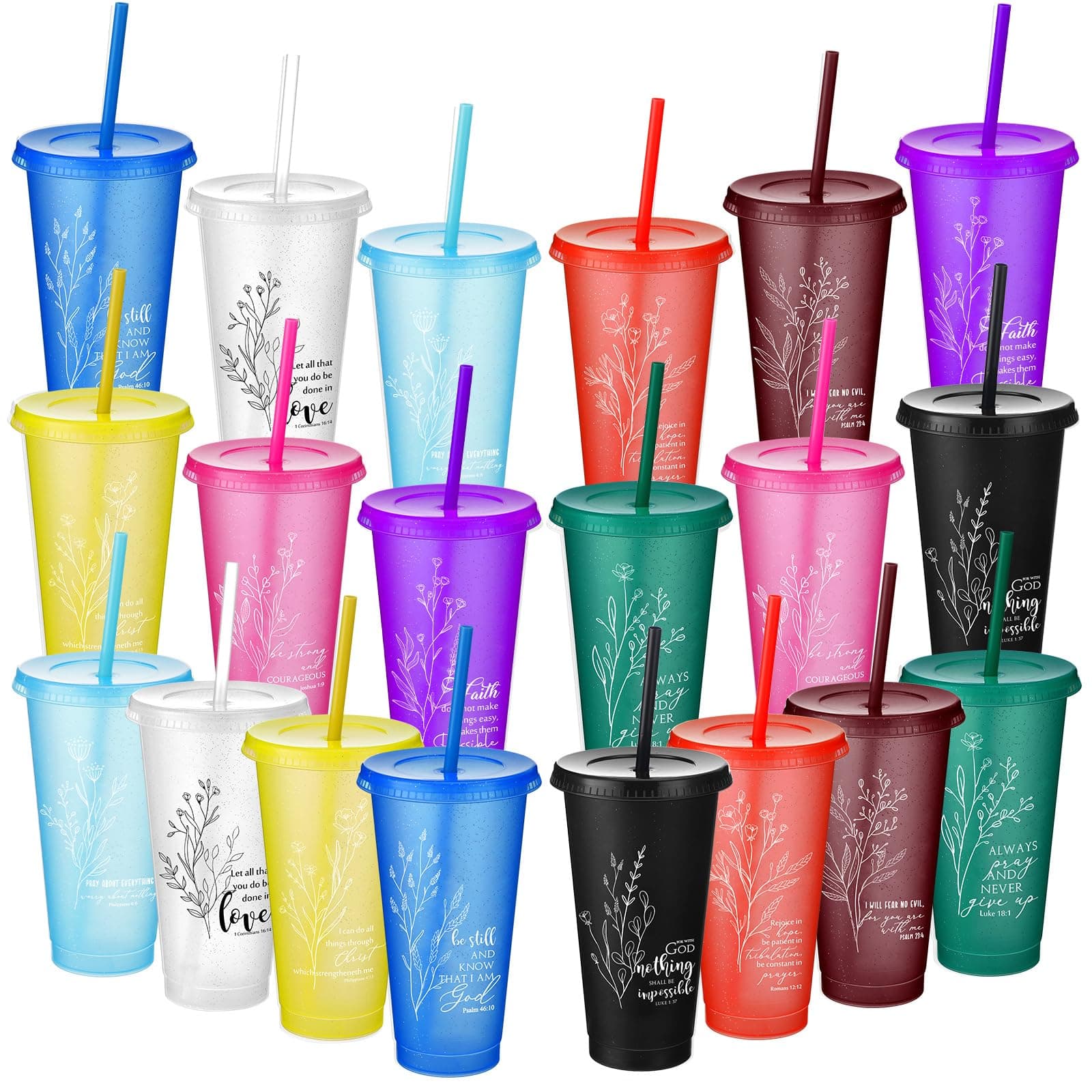 Singhoow 20 Pcs Christian Gifts for Women Men, 24oz Bible Verse Plastic Cups with Lid and Straw – Mother's Day Goodie Cups Bulk Party Favor for Church Events, VBS, Baptism (Colorful)