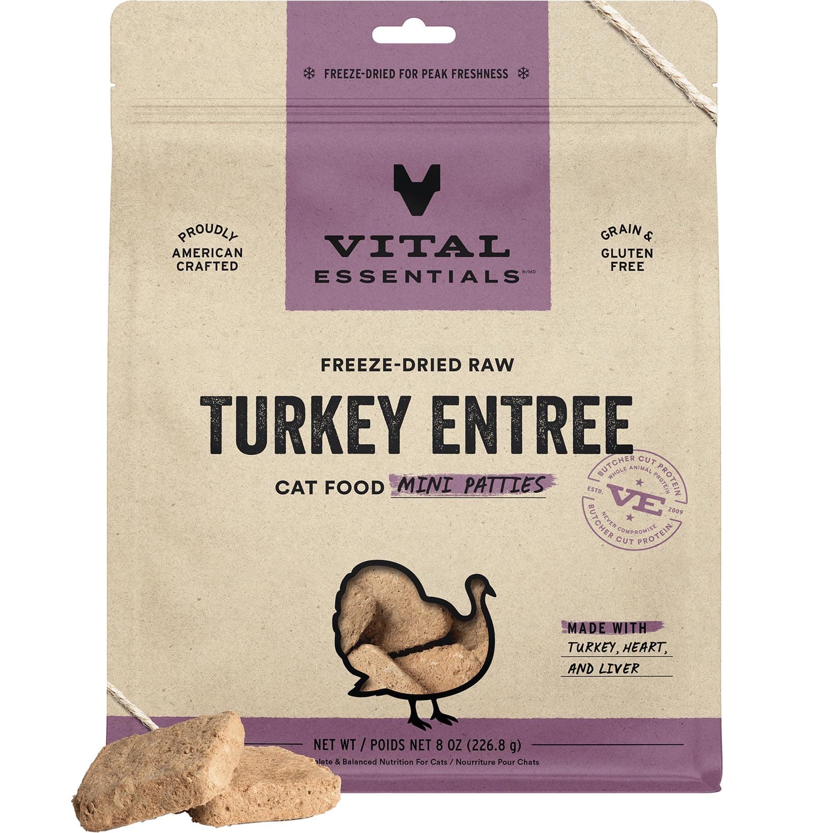 Vital Essentials Freeze-Dried Raw Cat Food, Turkey Mini Patties Entree, 8 oz