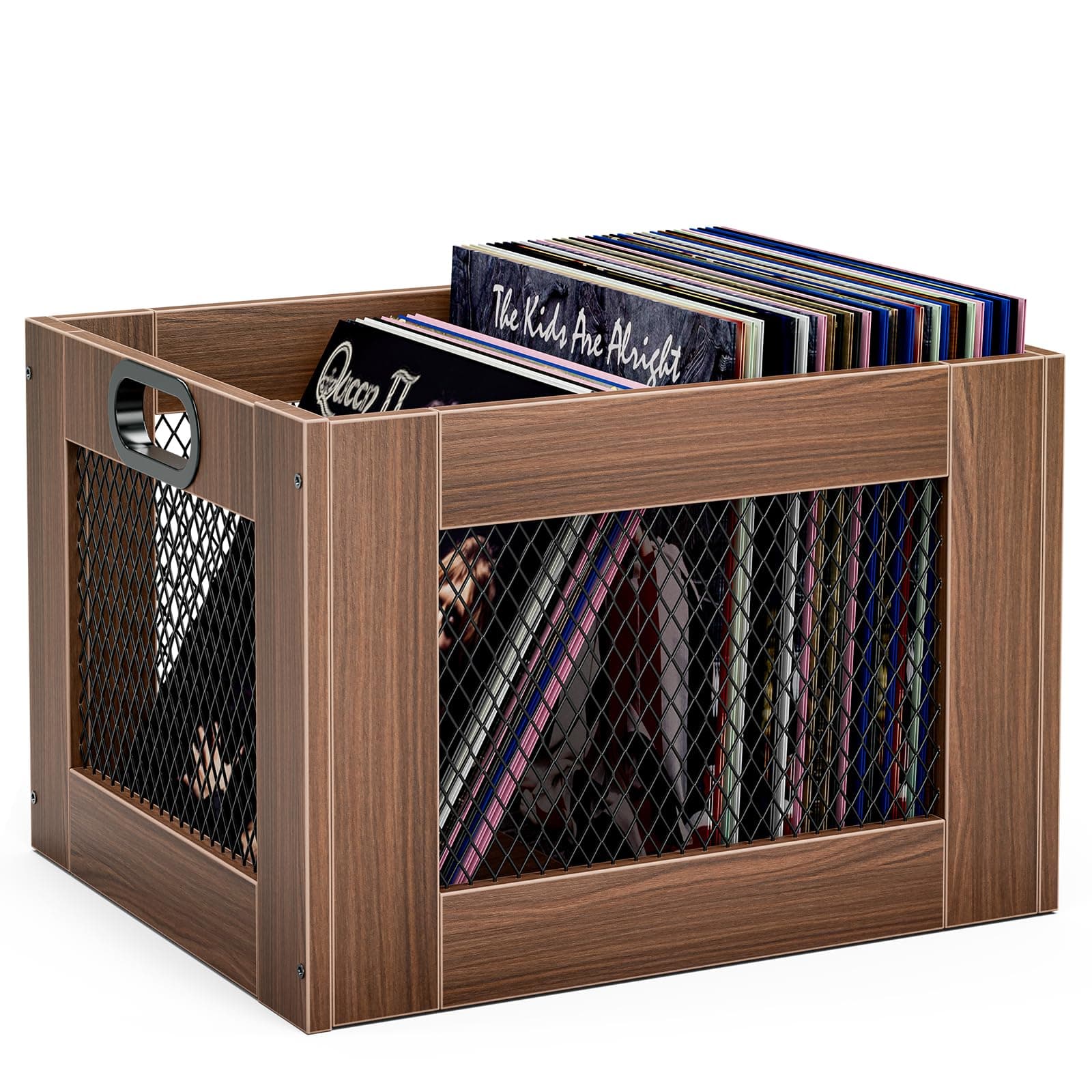 TEMI Vinyl Record Storage Crate – Large Wooden Record Holder for 70+ Albums – Industrial-Style Record Organizer and Durable Record Storage Solution for Home or Studio, Dark Walnut