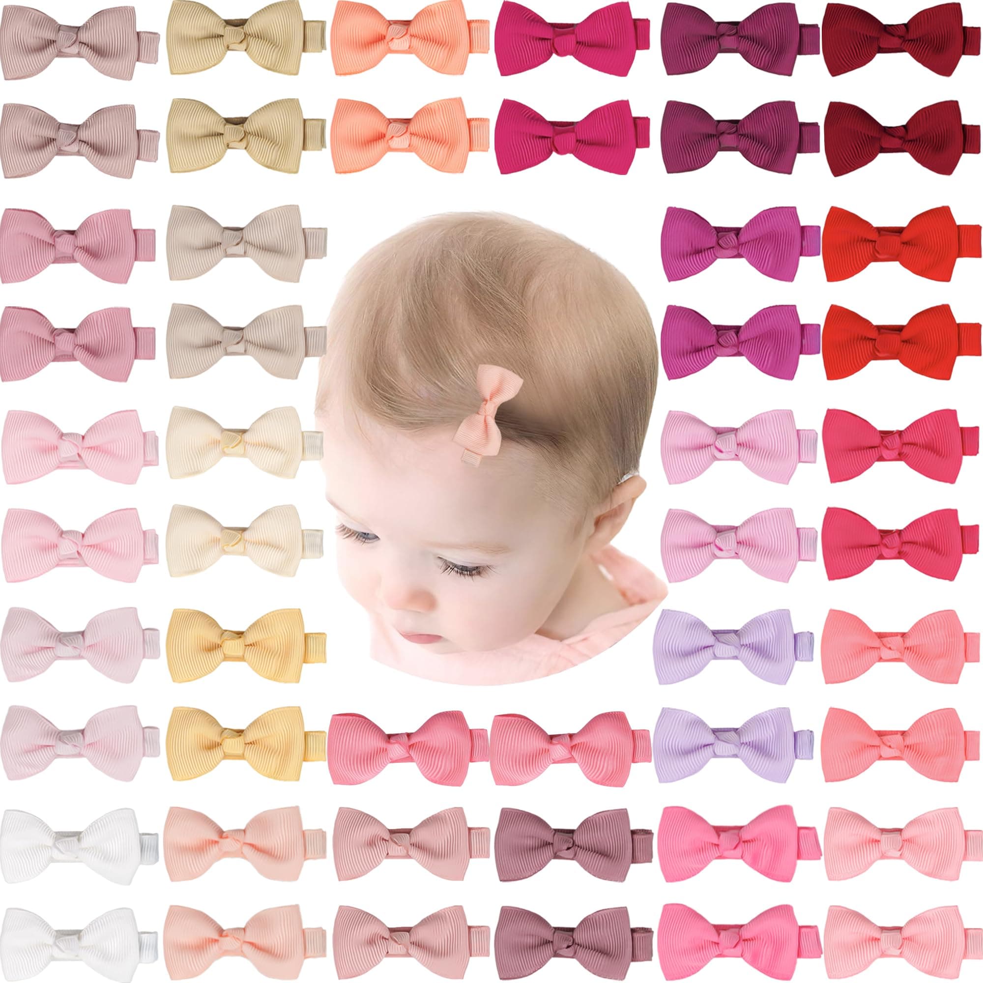 CÉLLOT Non Slip Baby Hair Clips,50pcs Baby Hair Bows for Toddler Girls Thin and Fine Hair Fully Lined Hair Pins Tiny 2" Hair Bows Alligator Clips for Girls Infants Gifts