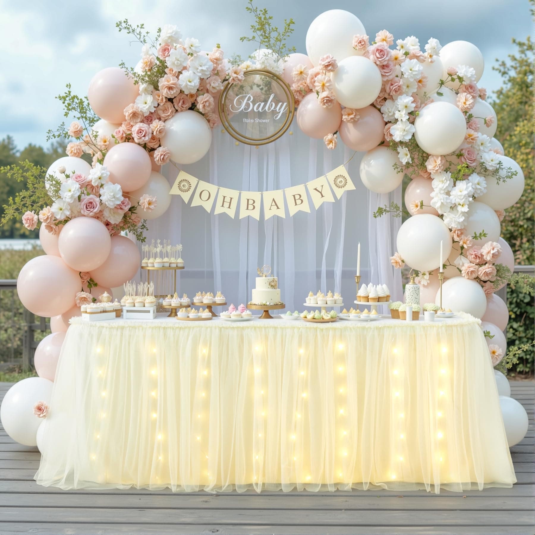 Shillance 17FT Champagne Tutu Table Skirt for Rectangle or Round Tables 2-Layer Ruffle Tulle Cloth Desk Skirt for Birthday Baby Shower Wedding Banquet Cake Dessert Decorations