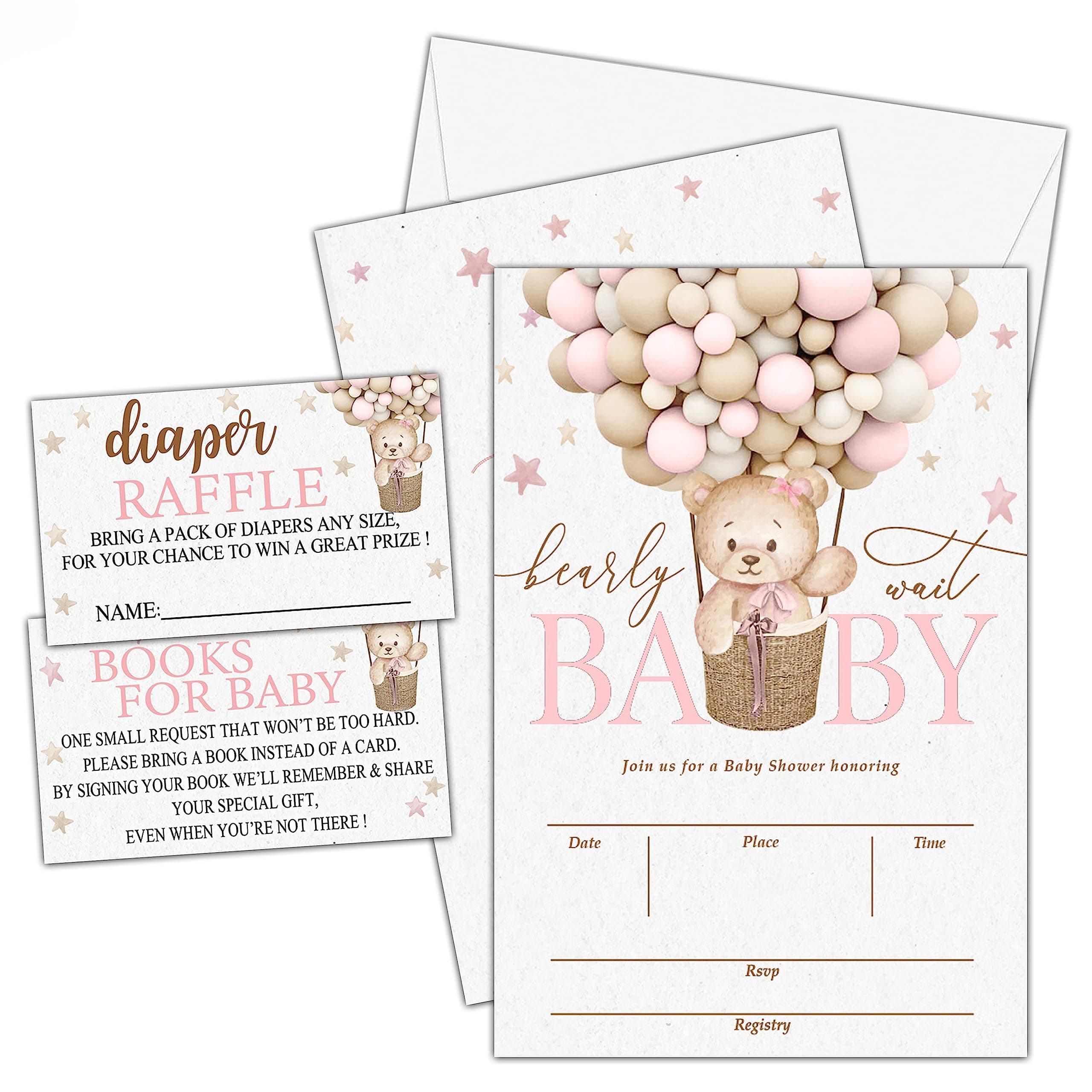 TIOFUNO Set of 25 Baby Shower Invitations, Balloon Bear Gender Reveal Party Invites with Envelopes, Book Request Cards, Diaper Raffle Tickets for Party Decorations Supplies - B08