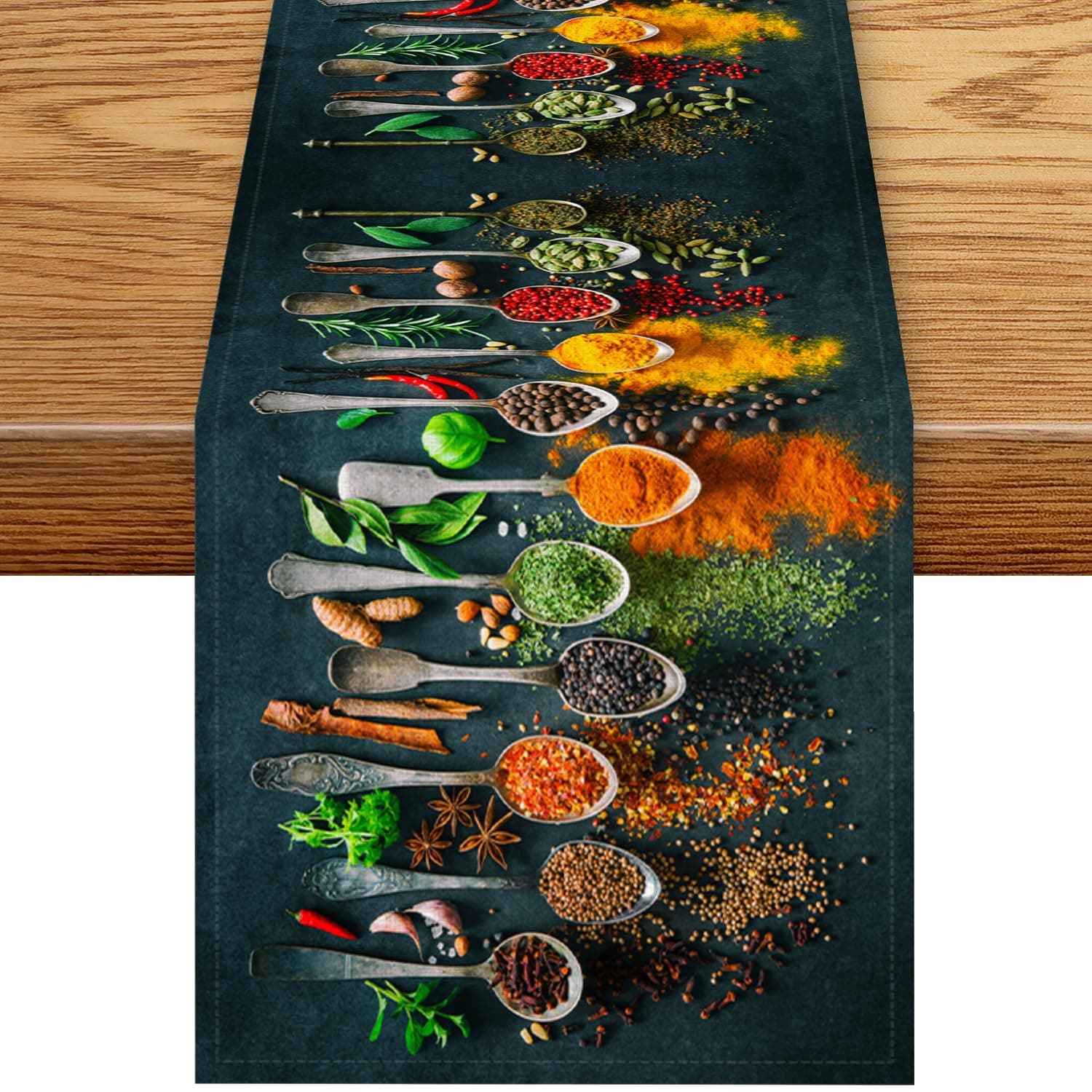 Cooking Herbs Spices Table Runner, Rustic Kitchen Spoons Cook Theme Food Farmhouse Country Coffee Table Center Decor for Family Kitchen Outdoor Farmhouse Holiday Party Table Decorations, 13"x36"