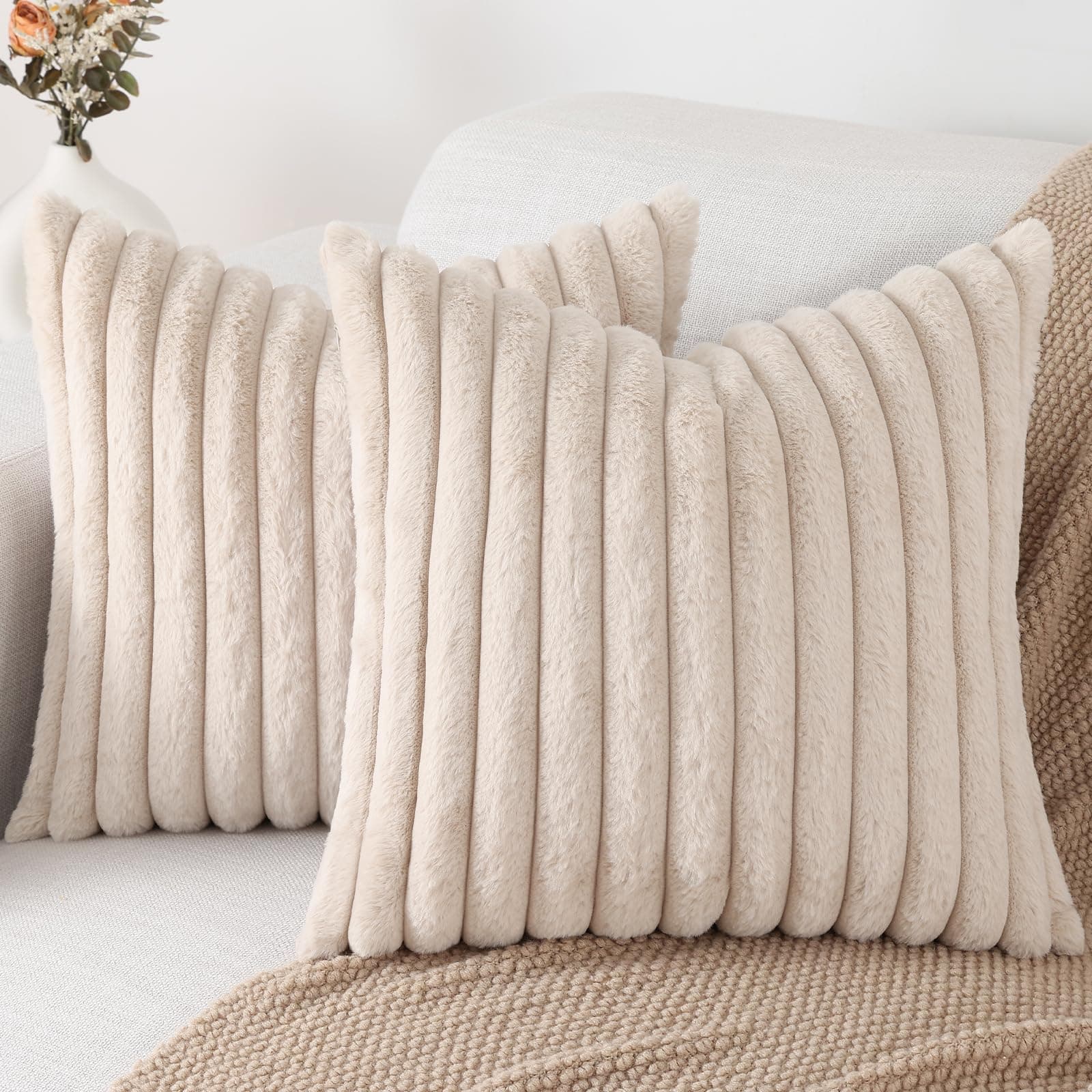 Pallene Faux Fur Plush Throw Pillow Covers 16x16 Set of 2, Luxury Soft Fluffy Striped Decorative Pillow Covers for Sofa, Couch, Living Room, Apricot