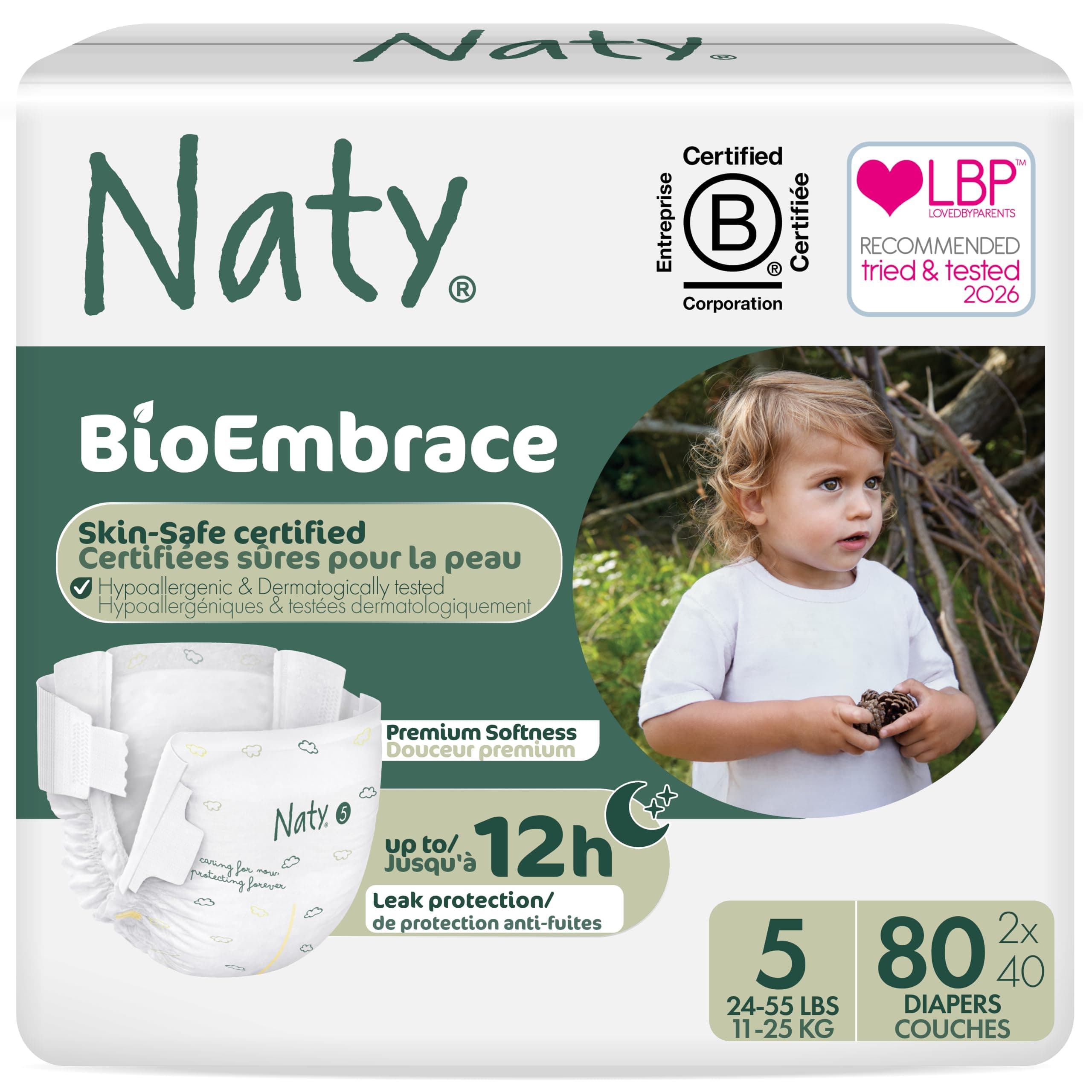 Naty BioEmbrace Baby Diapers, Size 5 (24-55 lbs), 80 Count