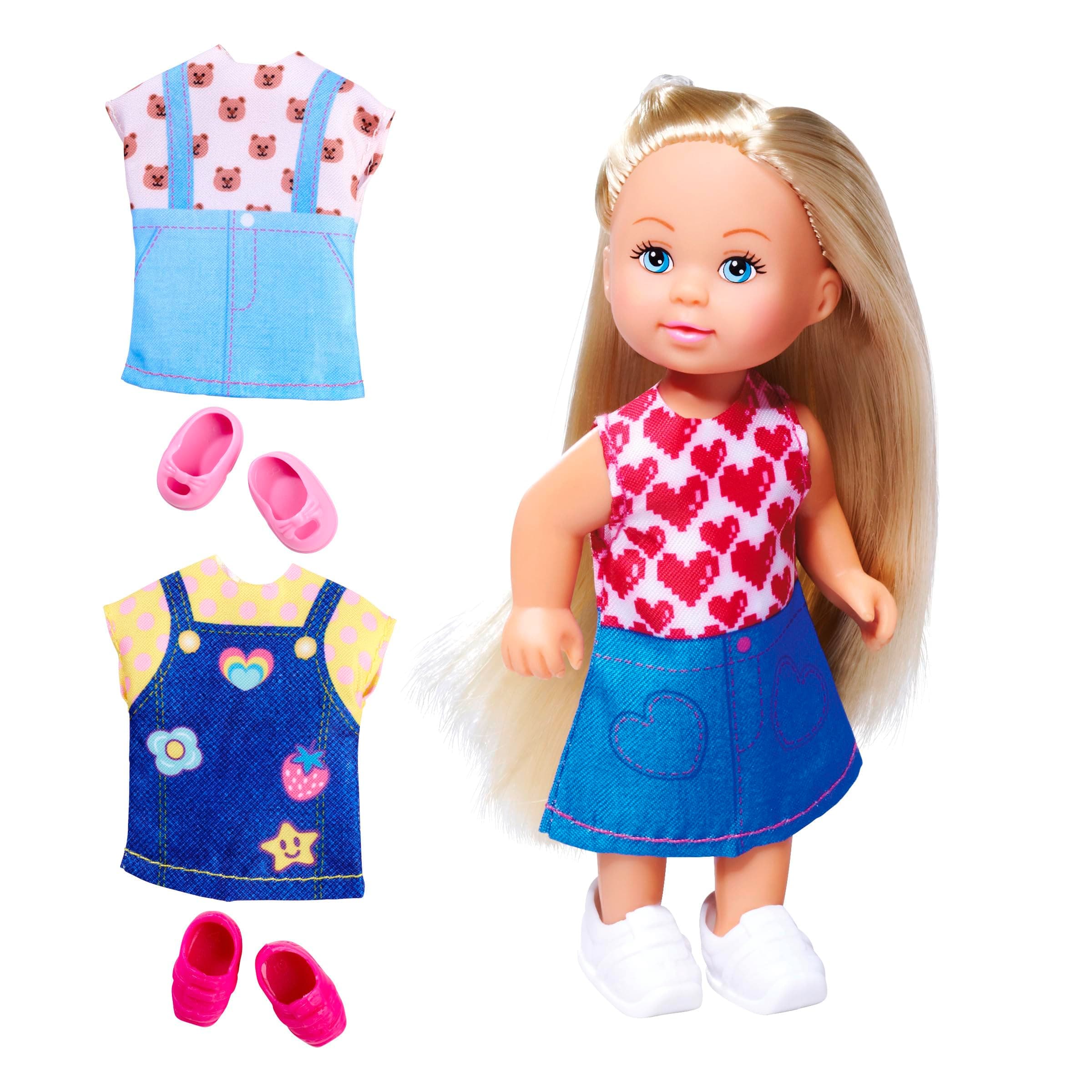 Simba Evi Love Fashion Play Doll with Pretty Denim Dress with Two Other Outfits, with Pretty Prints and Sneakers, 12 cm, Suitable for Ages 3 Years and Above