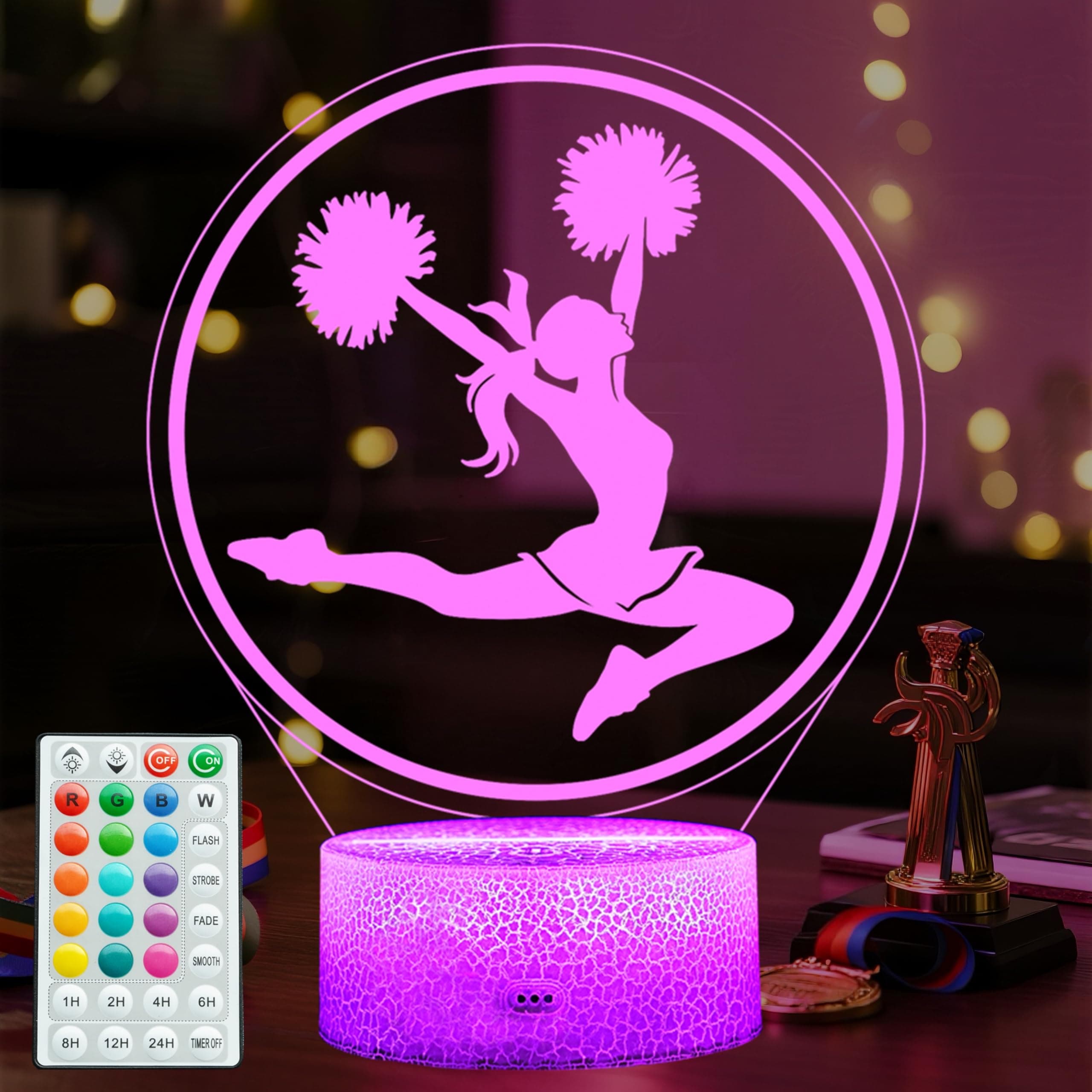 POSSHE - Regalos de animadora, luz nocturna 3D con 16 colores cambiantes, temporizador, 4 modos de flash y regulable, para cumpleaños, Navidad, escuadrón animador, regalos para decoración de
