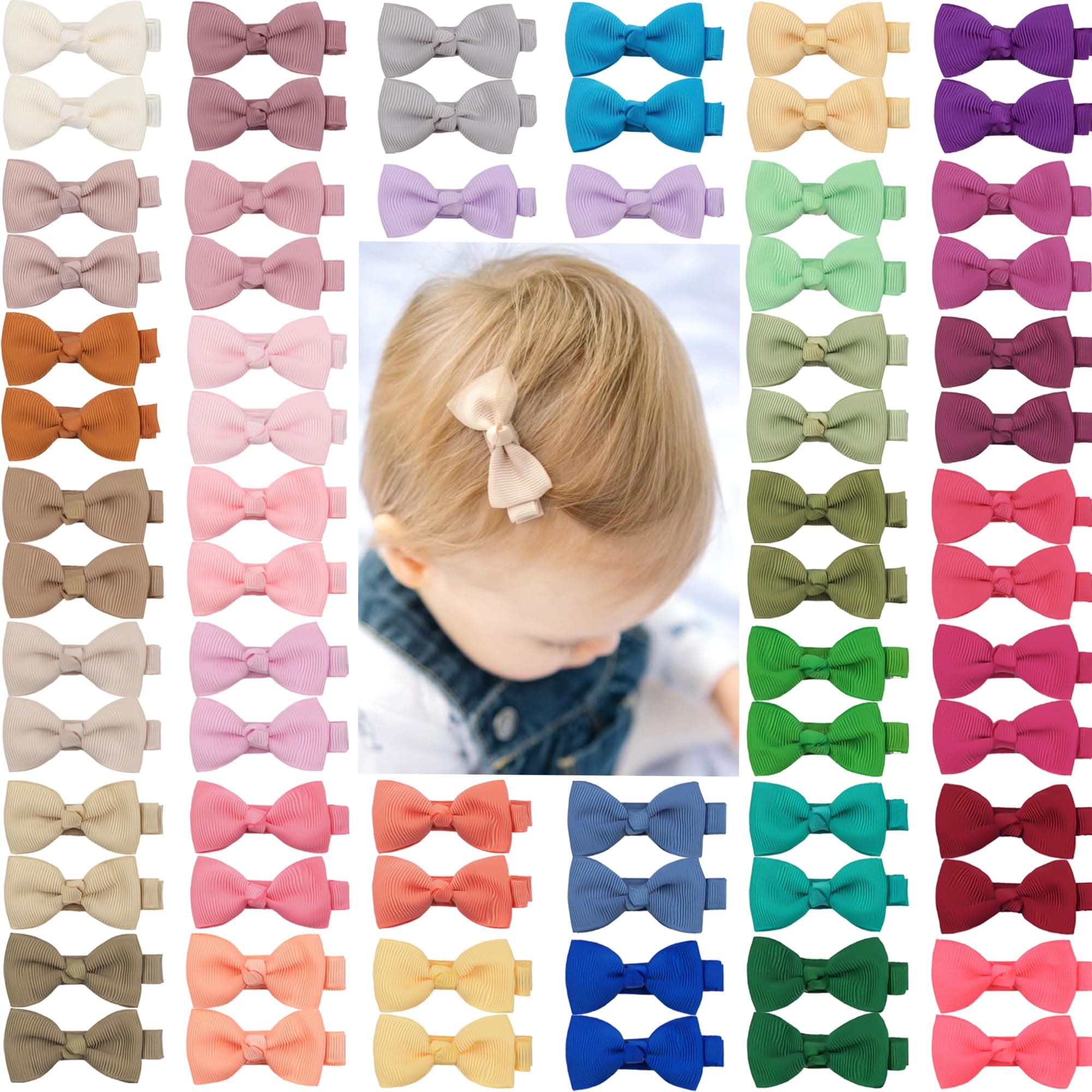 CÉLLOT Baby Hair Clips 70PCS Baby Bows Fully Lined Hair Pins Tiny 2" Hair Bows Alligator Clips for Baby Girls Infants Toddlers in Pairs