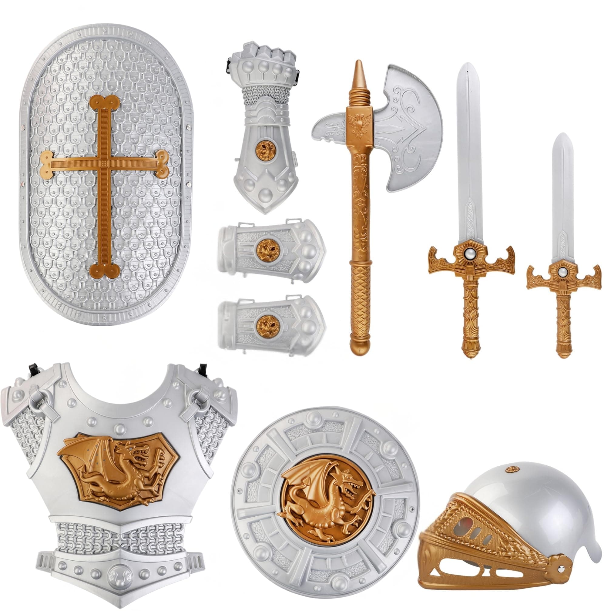 Liberty Imports Medieval Knight in Shining Armor Pretend Role Play Plastic Toy Costume Set with Weapons & Accessories Silver