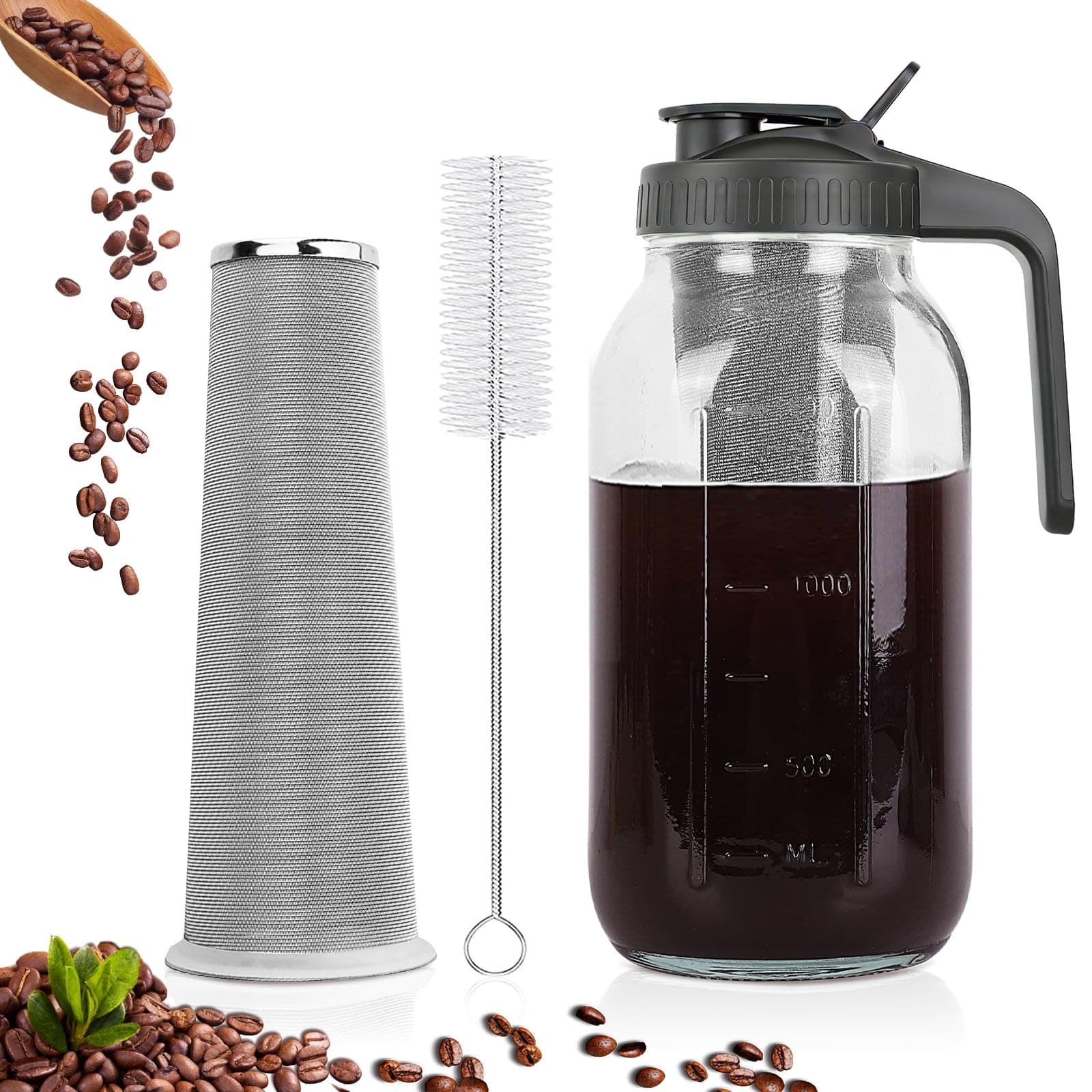 QHH Cold Brew Coffee Maker, 64 oz Mason Jar Pitcher with Stainless Steel Filter, Pour Spout Handle Lid, Airtight & Leak-Proof for Iced Coffee,Tea & Lemonade