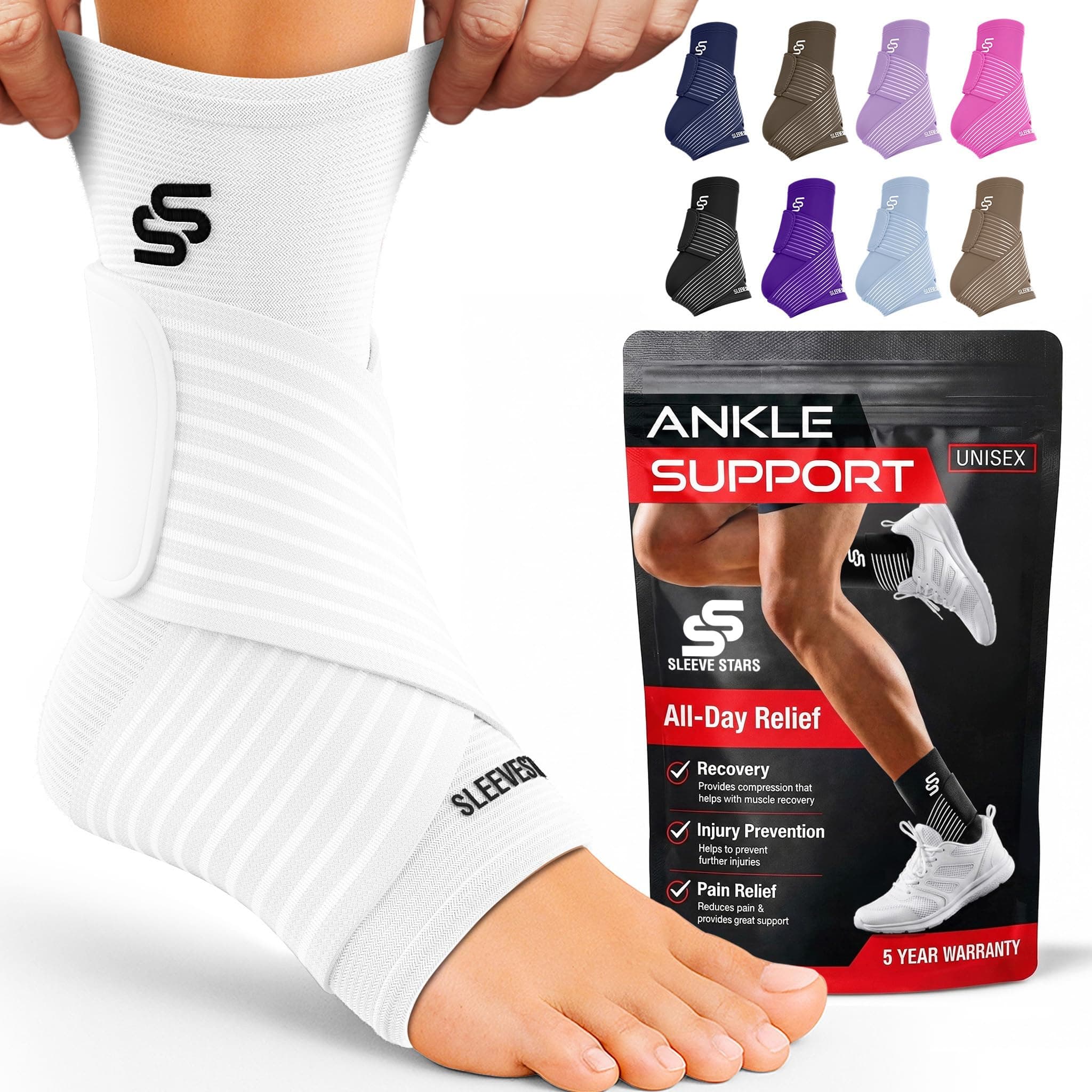 Sleeve Stars Ankle Brace for Women & Men, Ankle Wrap for Sprain, Compression Sleeve for Plantar Fasciitis Relief, Easy Customizable Support: w/ Removable Strap (Pair/M:10"-12"/White)