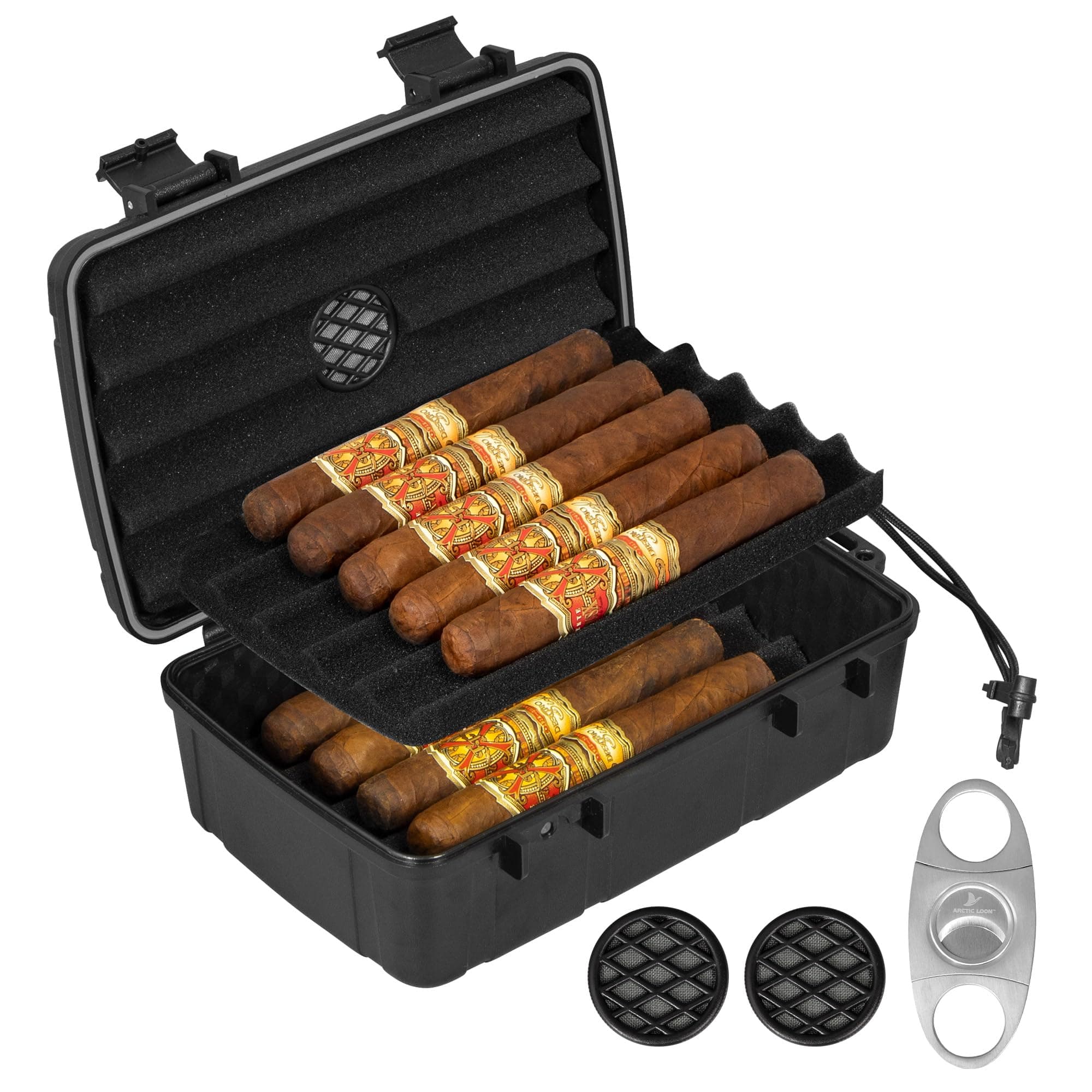 Arctic Loon Cigar Case, Travel Humidor for 10 Cigars up to 60 Ring Gauge, Airtight Waterproof Crushproof Cigar Travel Case with Humidifier, Pressure-Release Valve and Cigar Cutter, CORE-10