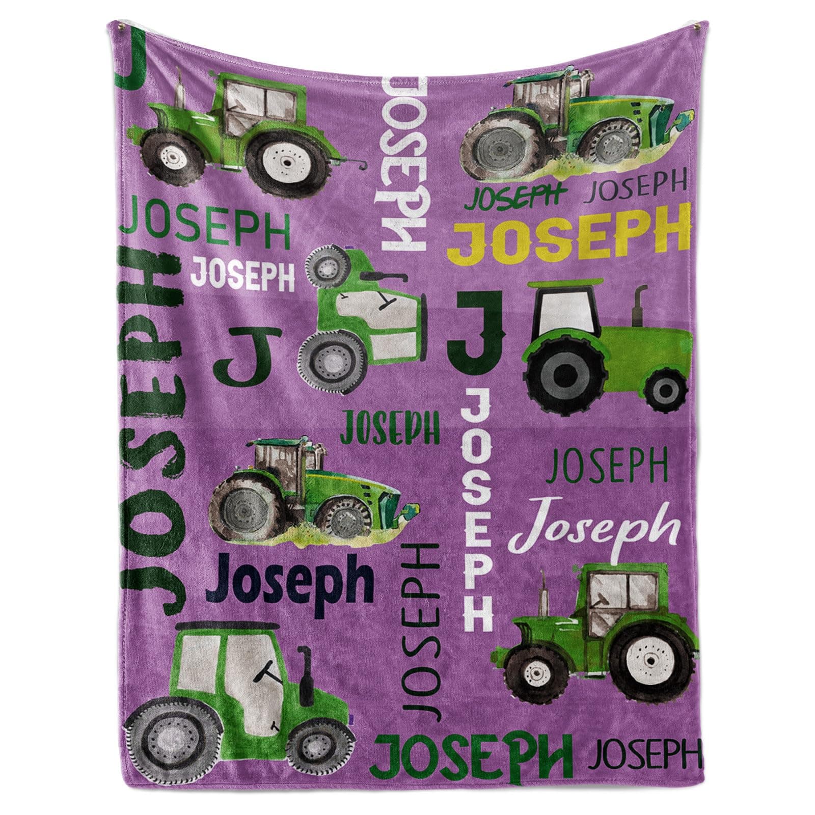 Personalized Tractors Blanket - Custom Name with Farm Tractor Trucks Design - Soft Plush Flannel Bed Blanket for Baby Kid Teen Boys Girls Customized Gifts Purple