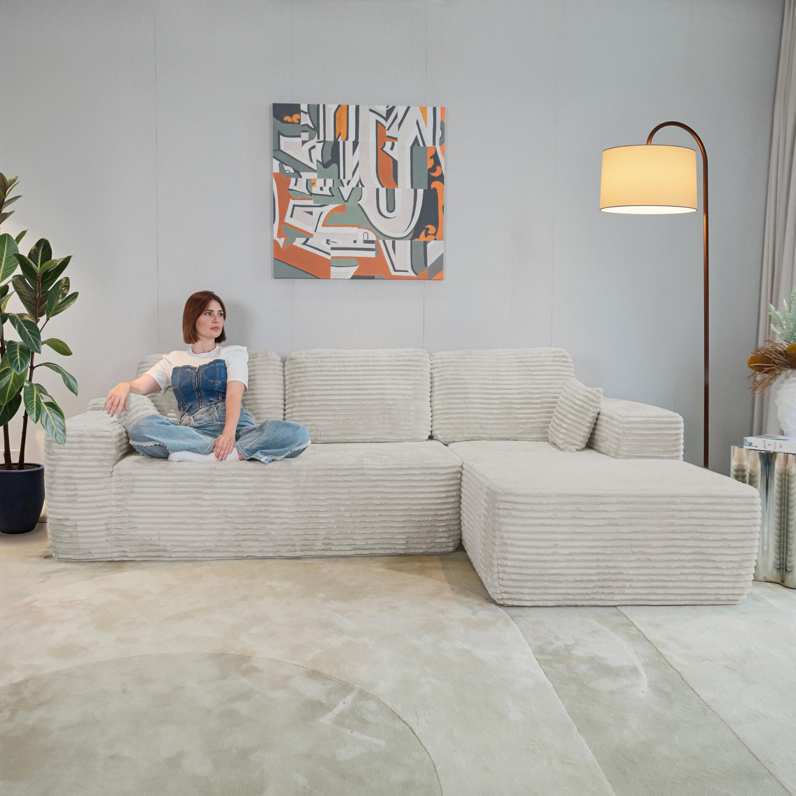 HOME IDOL Boneless Couch Cloud Sofa L-Shaped Modular Sectional Couch, Frameless L-Shaped Modular Sectional,Corduroy Upholstery, No Assembly, for Living Room/Bedroom, Beige, Right Facing Chaise
