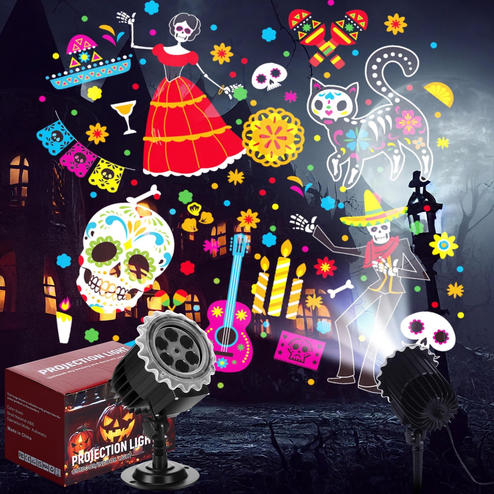 Lingvee Day of The Dead Projector Lights Outdoor LED Projector Cat Skeleton on Dynamic Waterproof Outdoor Indoor Day of The Dead Projection Patterns Spotlight for Landscape Garden Yard Patio Party