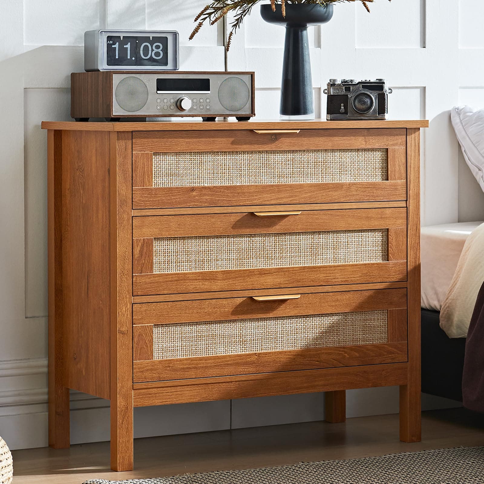 LEYAOYAO 31.5" Wide Rattan Nightstand, Large Boho 3 Drawer Night Stand, Bedside Table with Storage, Tall Bed Side End Tables, Chest of Drawers Dressers for Bedroom, Living Room, Hallway,Brown